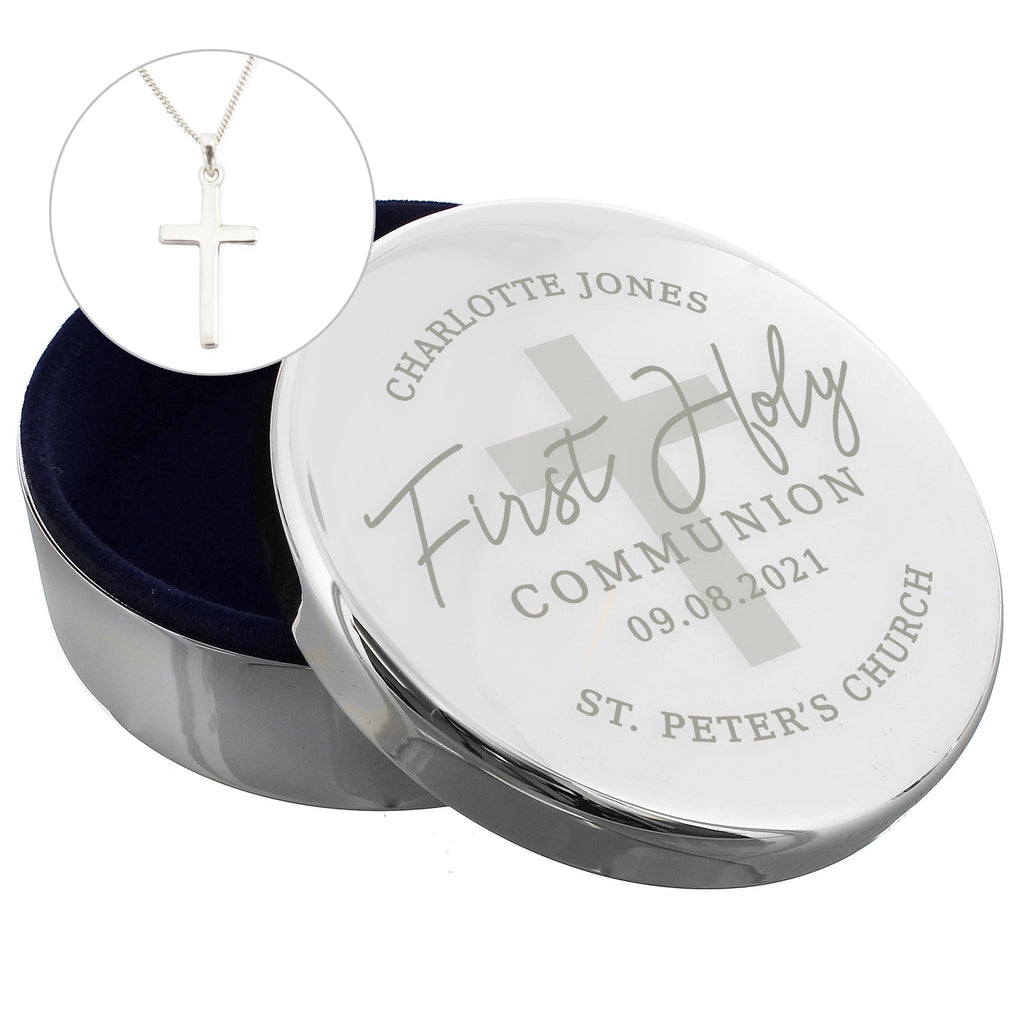 Personalised First Holy Communion Round Trinket Box & Cross Necklace Set | Inspired Creative Gifts