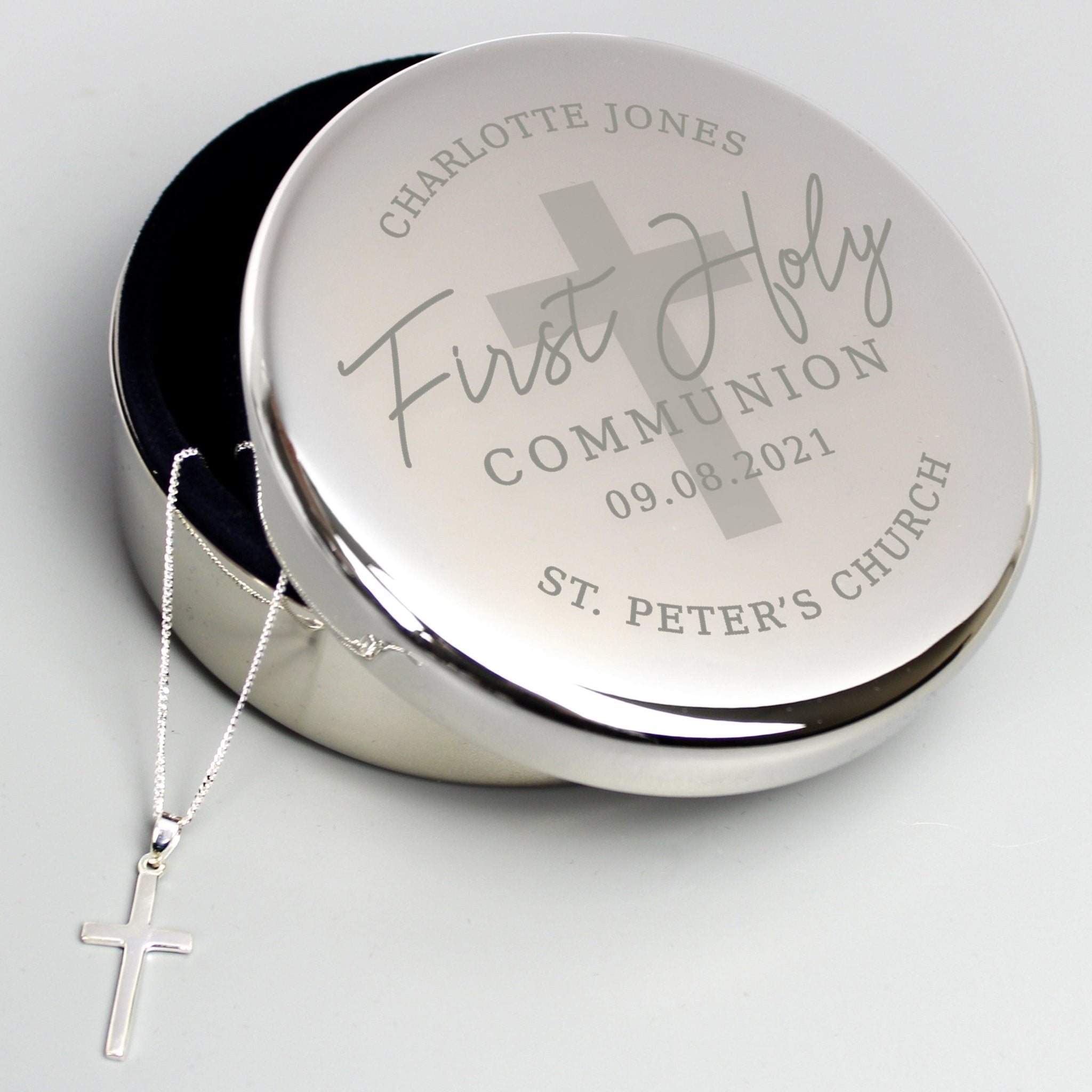 Personalised First Holy Communion Round Trinket Box & Cross Necklace Set | Inspired Creative Gifts | UK Supplier