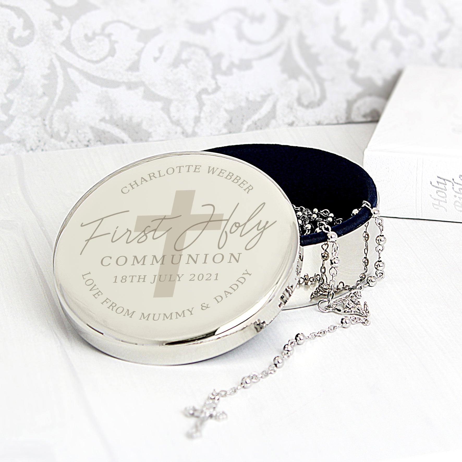 Personalised First Holy Communion Round Trinket Box & Rosary Beads Set | Inspired Creative Gifts | UK Supplier