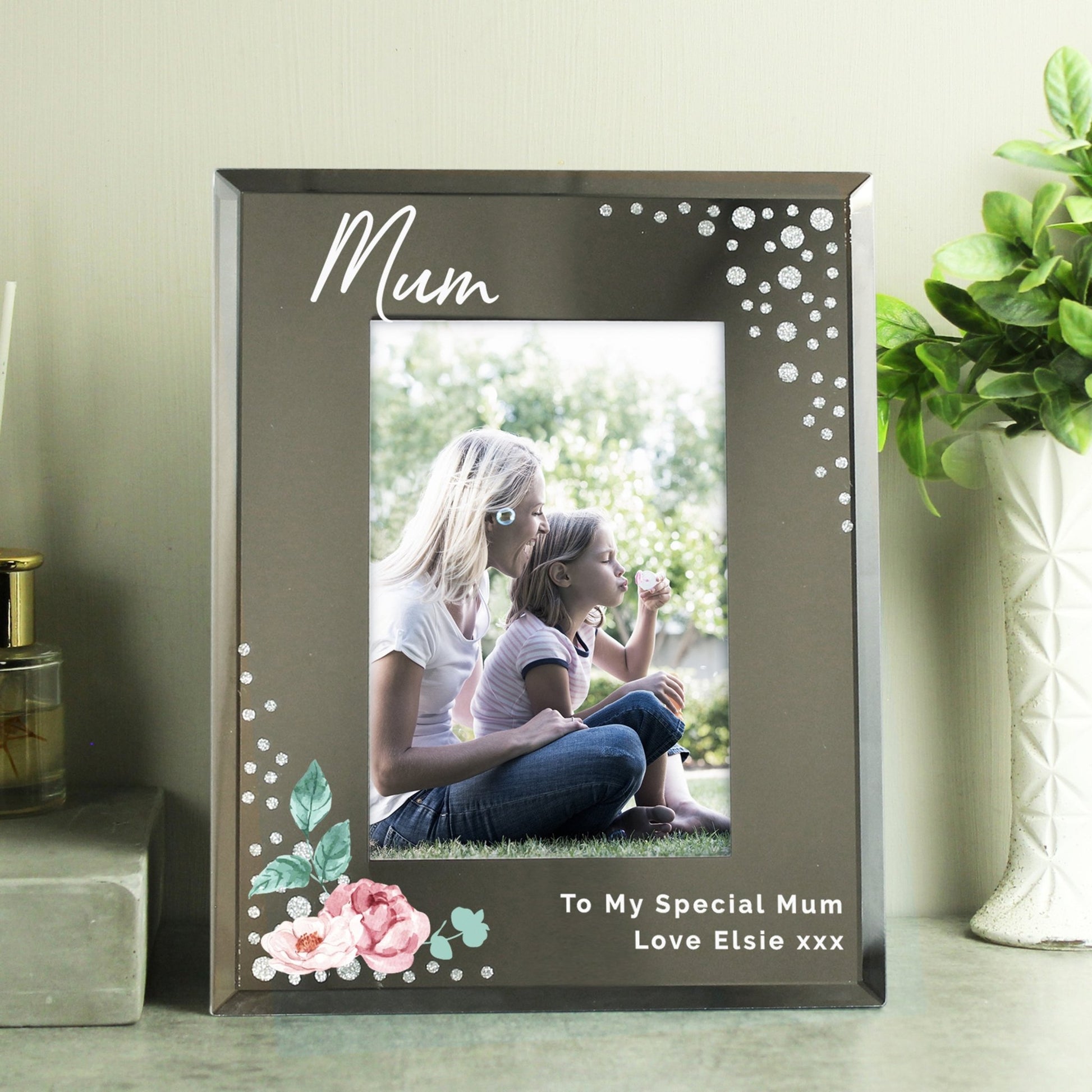 Personalised Floral 6x4 Diamante Glass Photo Frame | Inspired Creative Gifts | UK Supplier
