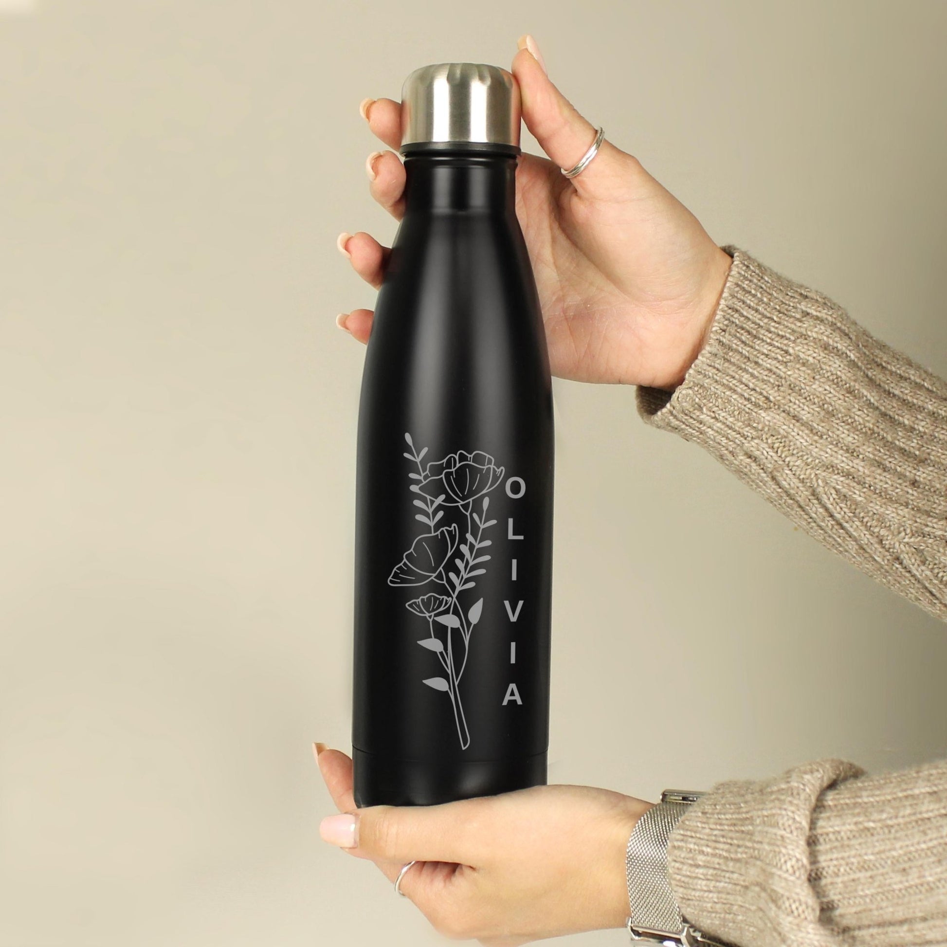 Personalised Floral Black Metal Insulated Drinks Bottle | Inspired Creative Gifts