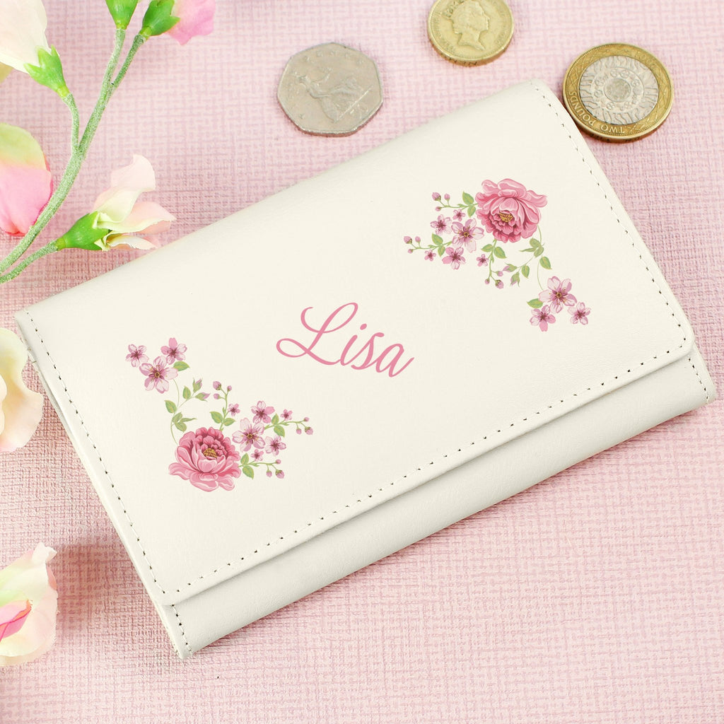 Personalised Floral Cream Leather Purse | Inspired Creative Gifts | UK Supplier