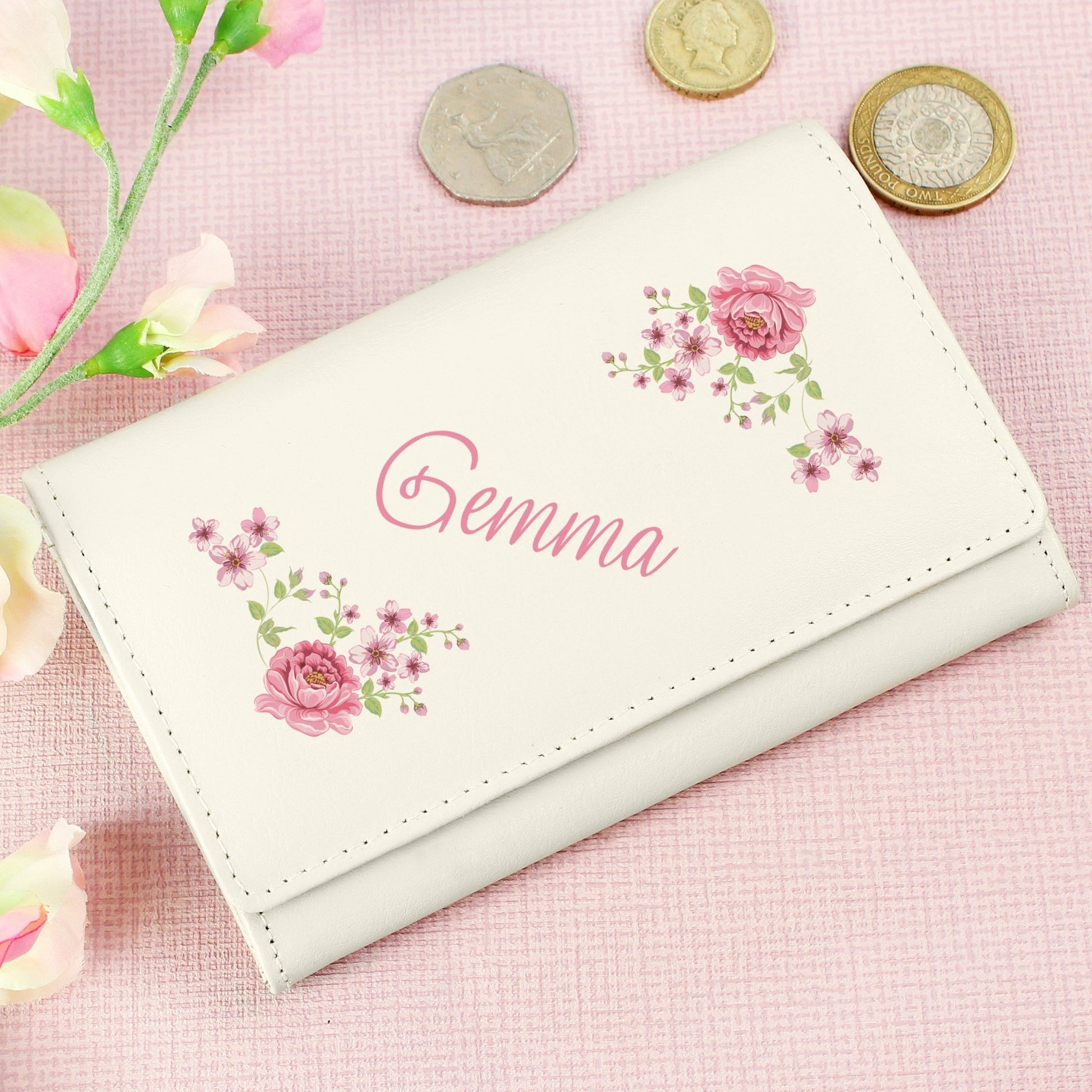Personalised Floral Cream Leather Purse | Inspired Creative Gifts | UK Supplier