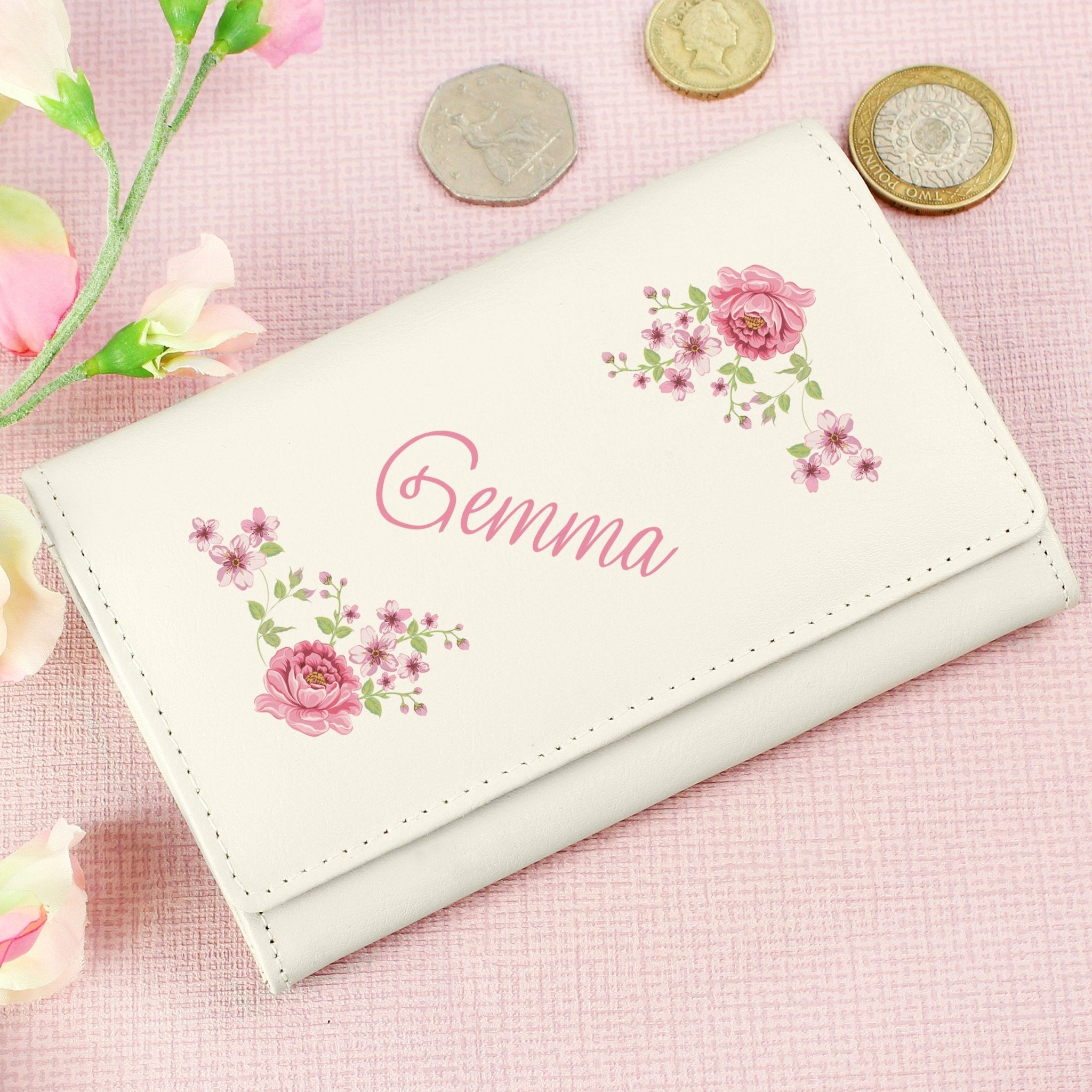 Personalised Floral Cream Leather Purse | Inspired Creative Gifts | UK Supplier