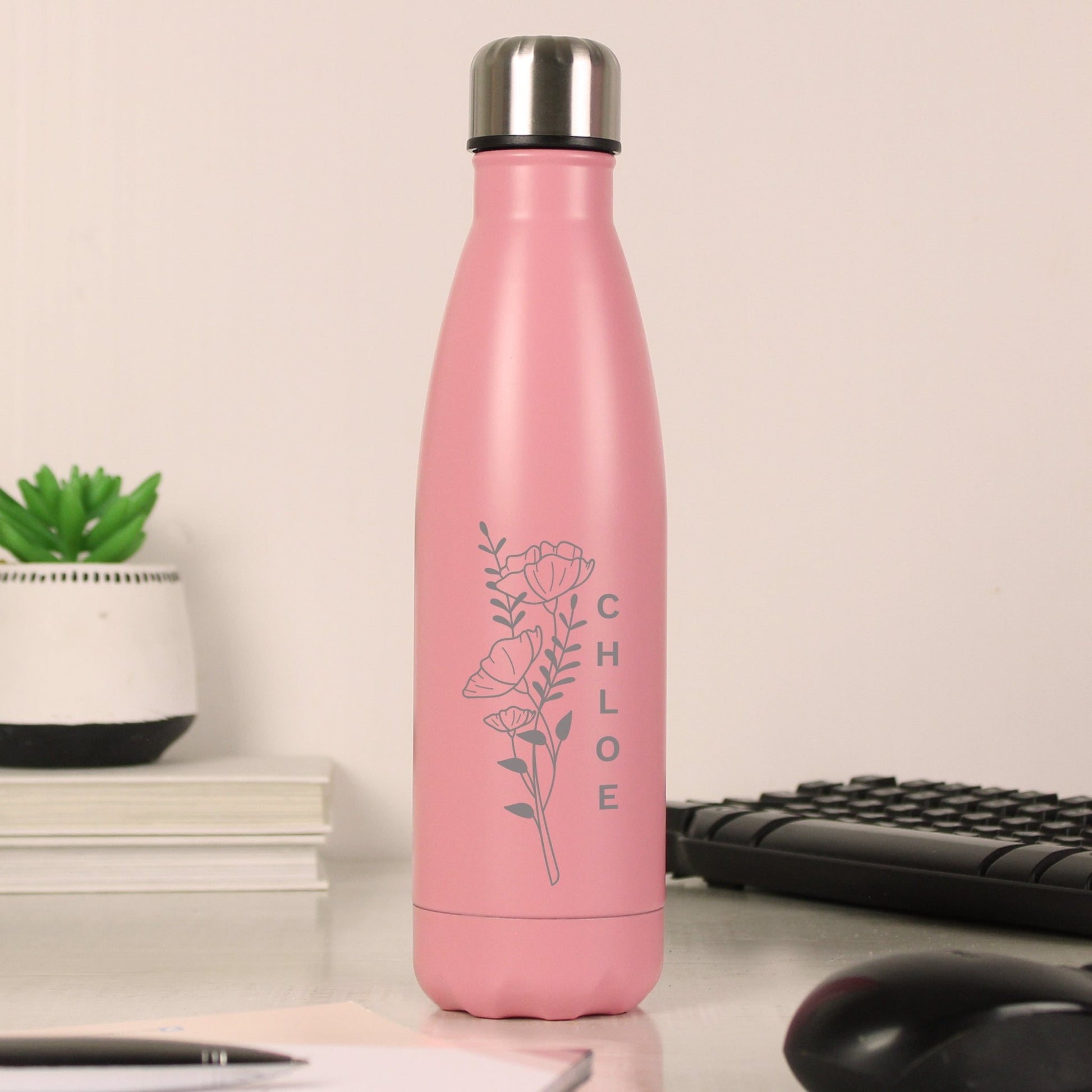 Personalised Floral Pink Metal Insulated Drinks Bottle | Inspired Creative Gifts