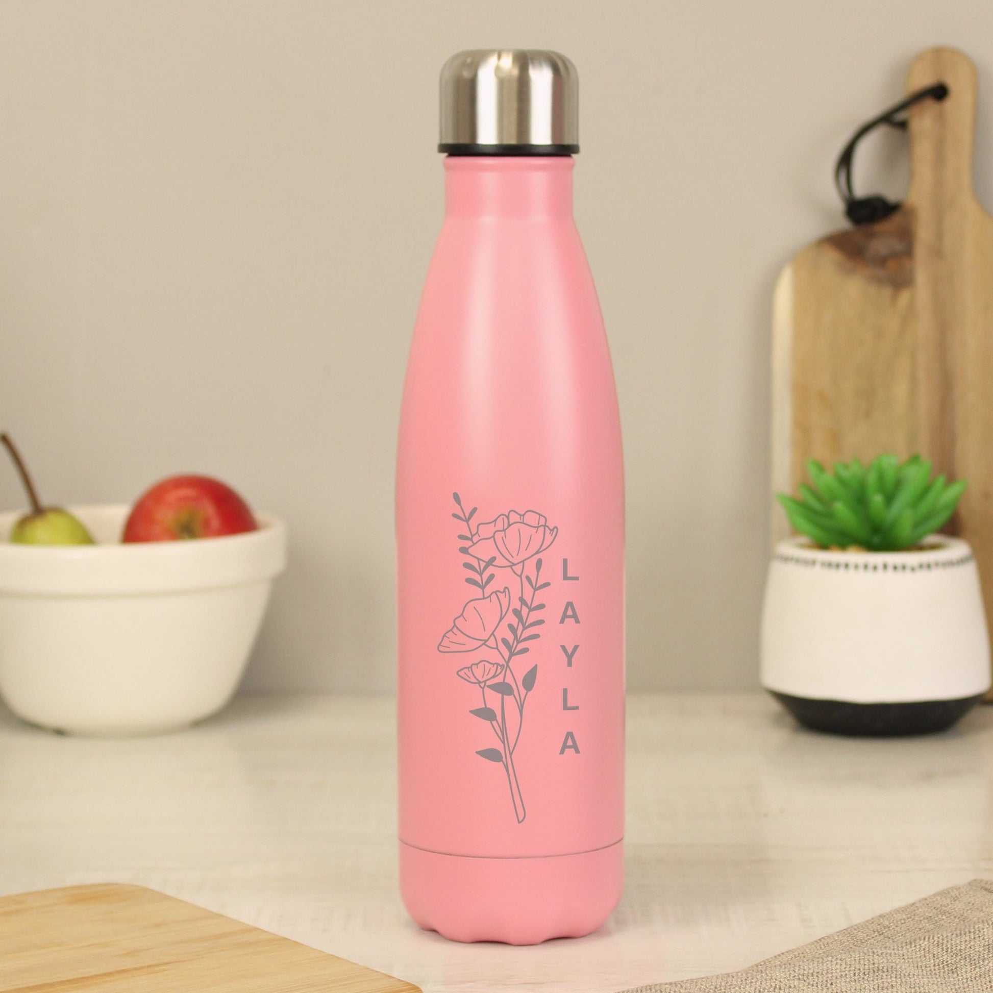 Personalised Floral Pink Metal Insulated Drinks Bottle | Inspired Creative Gifts