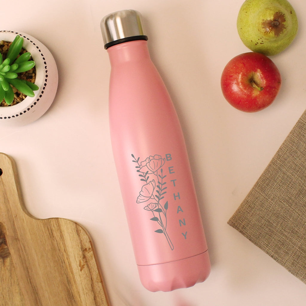 Personalised Floral Pink Metal Insulated Drinks Bottle | Inspired Creative Gifts