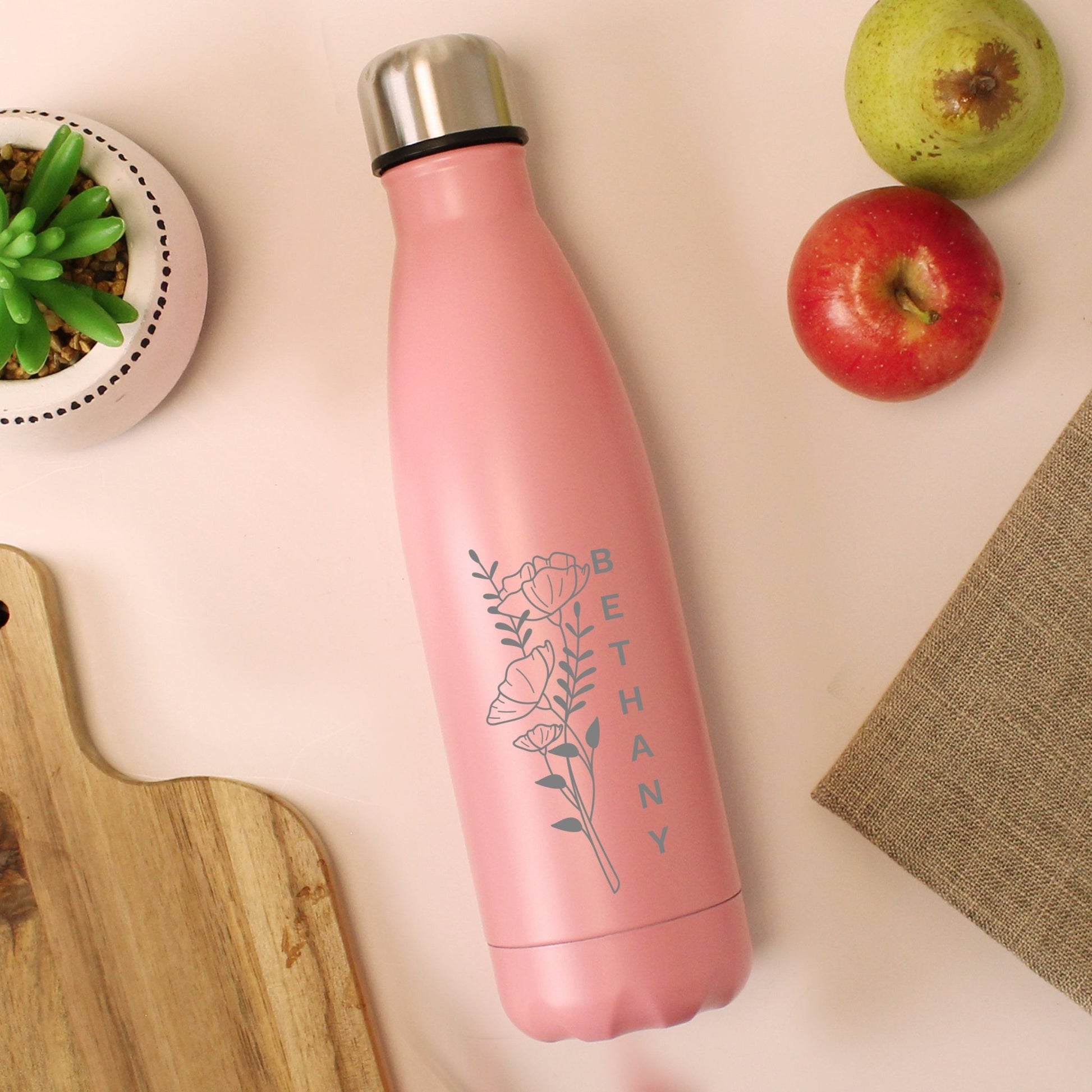 Personalised Floral Pink Metal Insulated Drinks Bottle | Inspired Creative Gifts