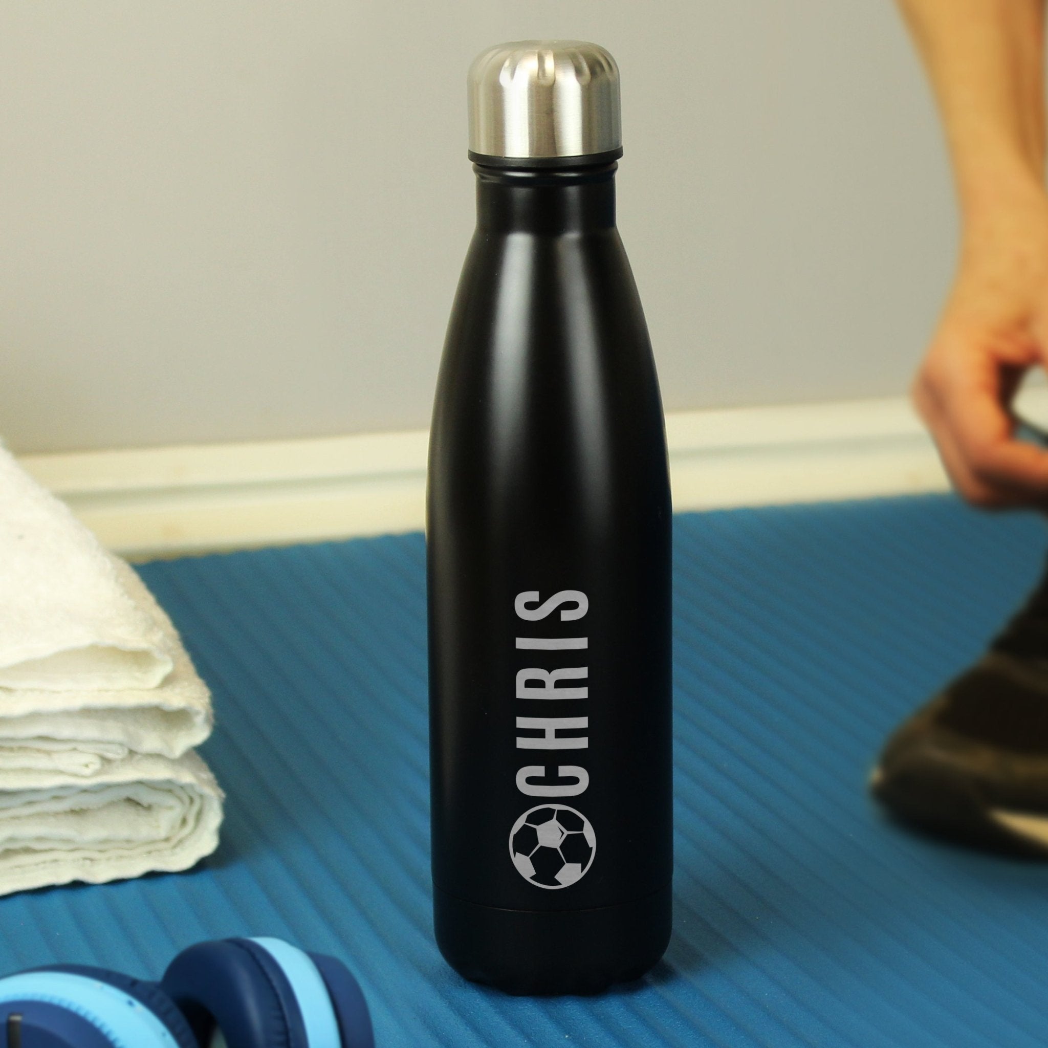 Personalised Football Black Metal Insulated Drinks Bottle | Inspired Creative Gifts | UK Supplier