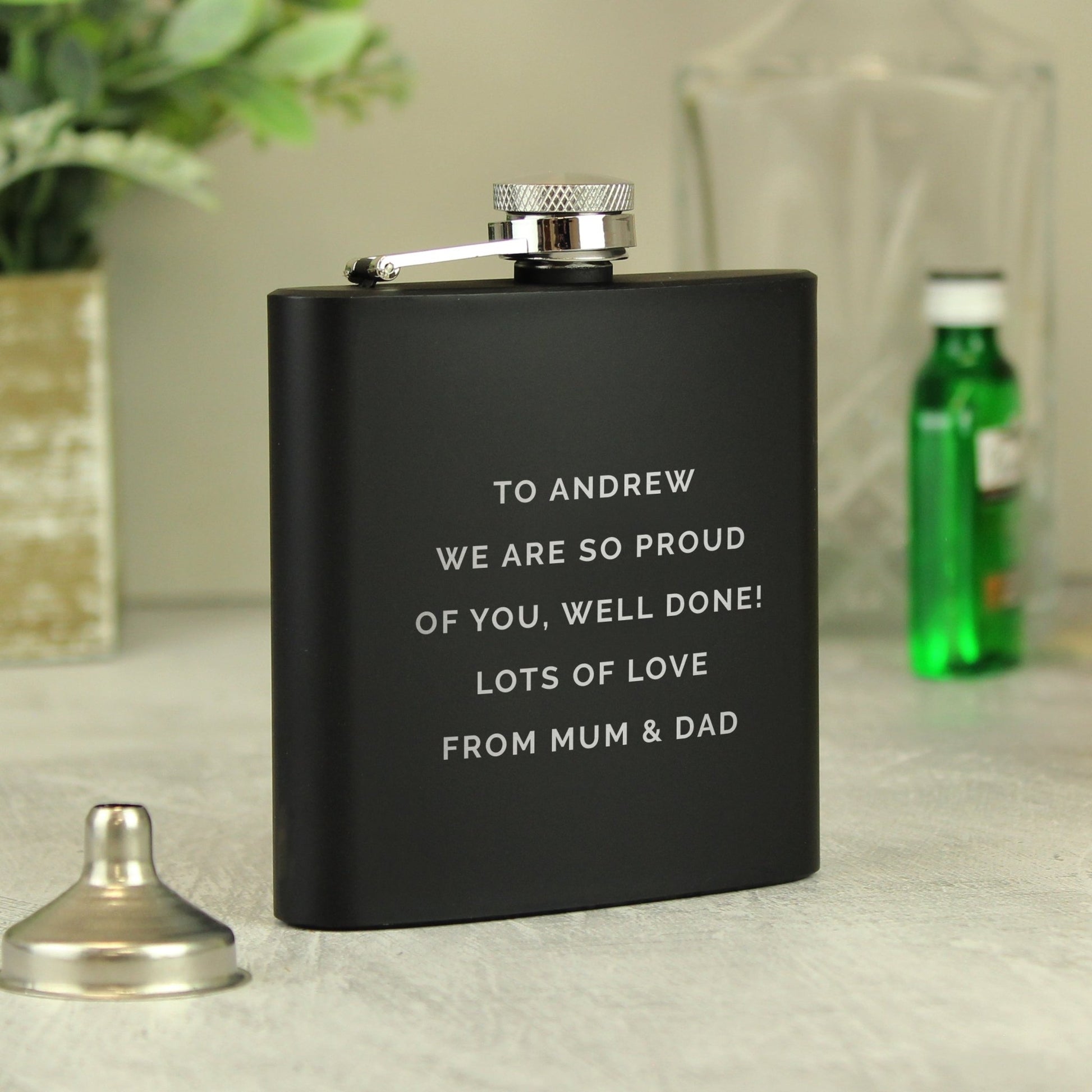 Personalised Free Text Black Hip Flask | Inspired Creative Gifts | UK Supplier
