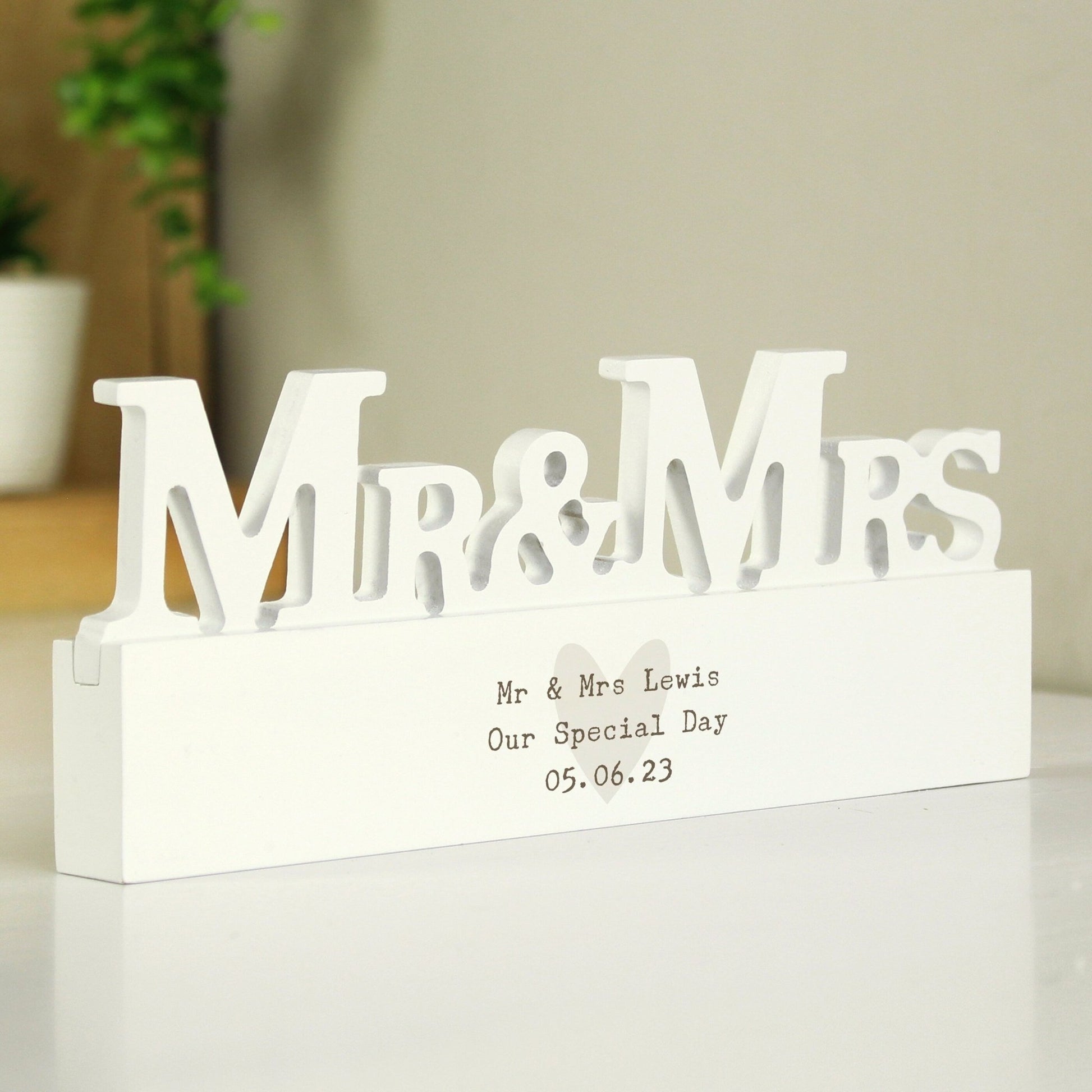 Personalised Free Text Heart Wooden Mr & Mrs Ornament | Inspired Creative Gifts | UK Supplier