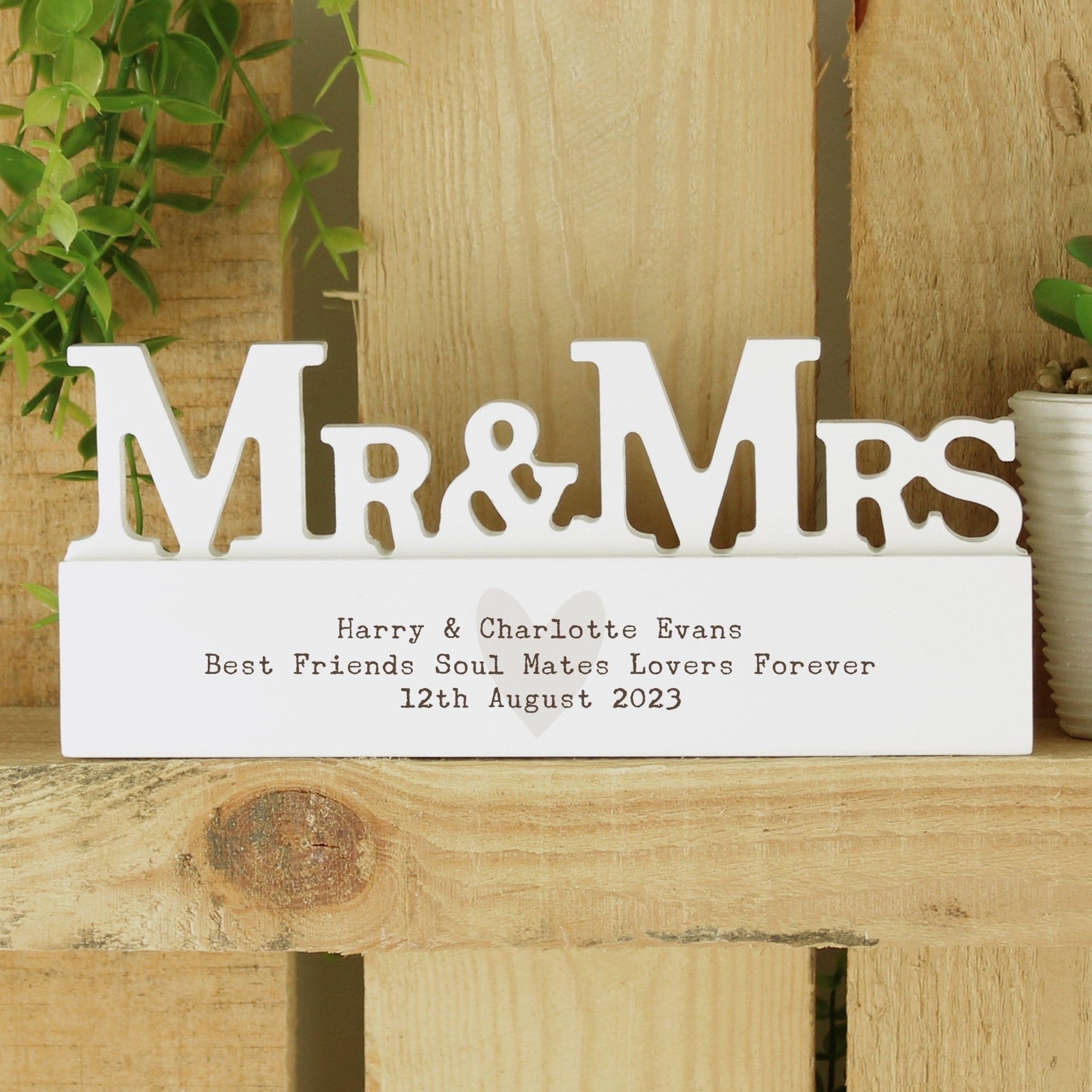 Personalised Free Text Heart Wooden Mr & Mrs Ornament | Inspired Creative Gifts | UK Supplier