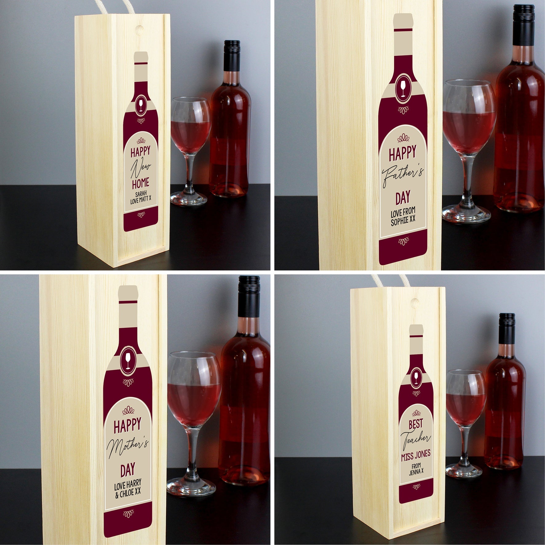 Personalised Free Text Red Wooden Wine Bottle Box | Inspired Creative Gifts | UK Supplier