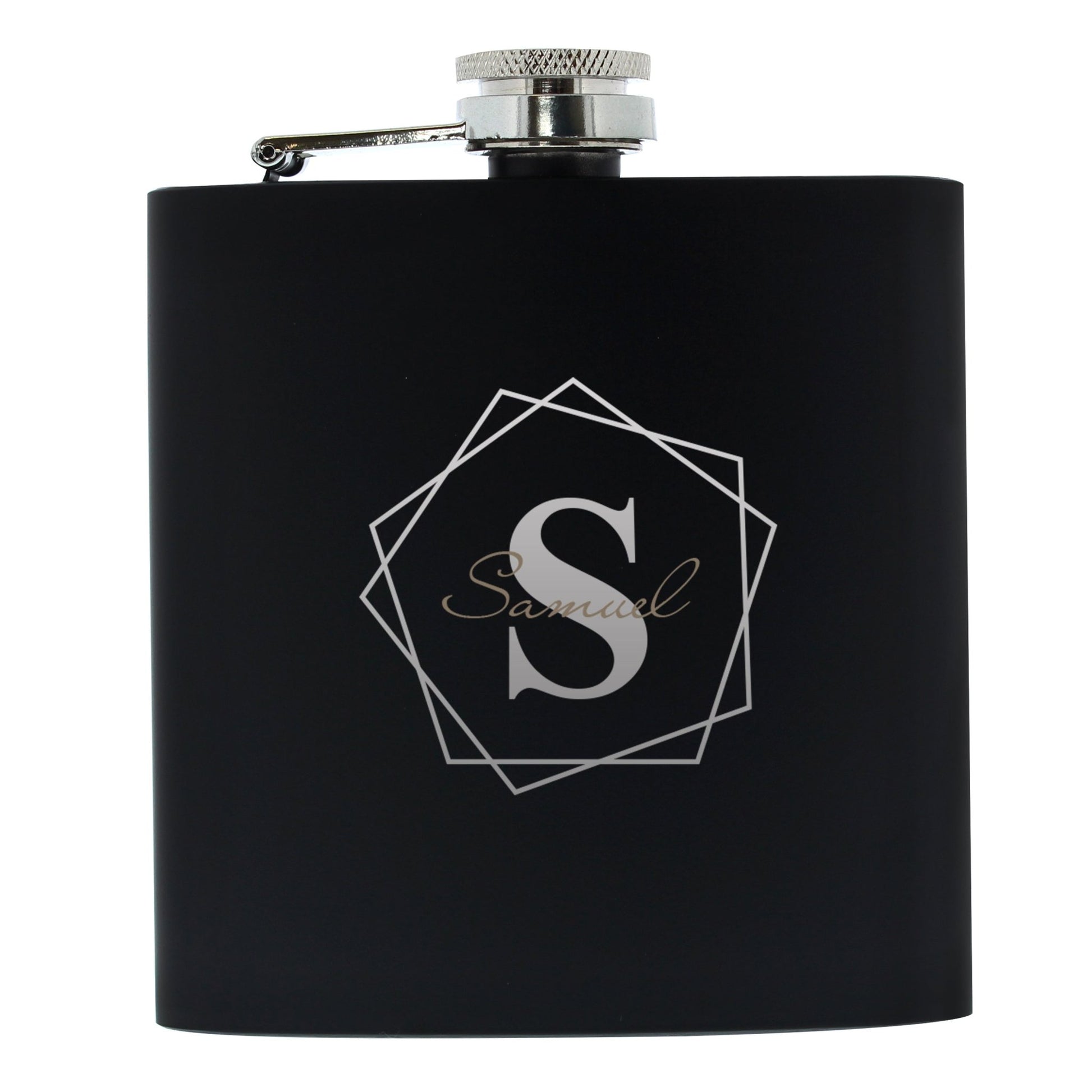 Personalised Geometric Initial Black Hip Flask | Inspired Creative Gifts | UK Supplier