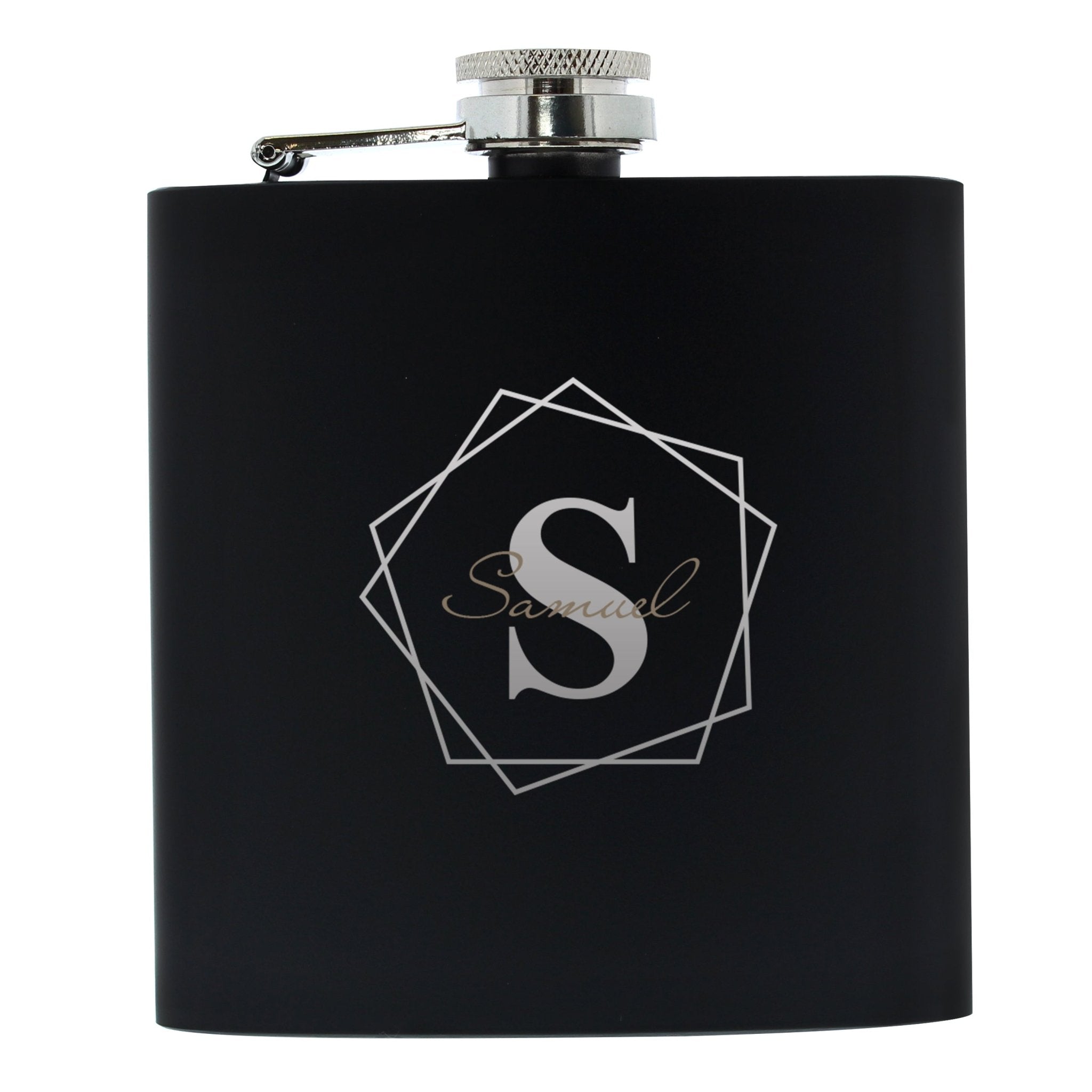 Personalised Geometric Initial Black Hip Flask | Inspired Creative Gifts | UK Supplier