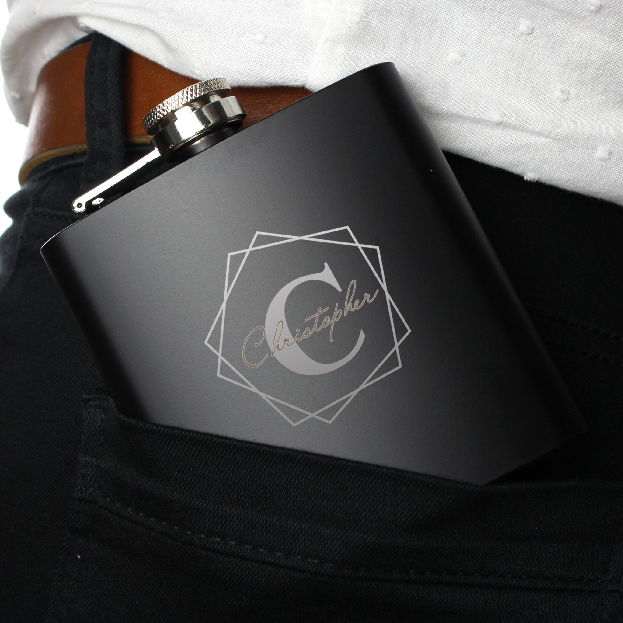 Personalised Geometric Initial Black Hip Flask | Inspired Creative Gifts | UK Supplier
