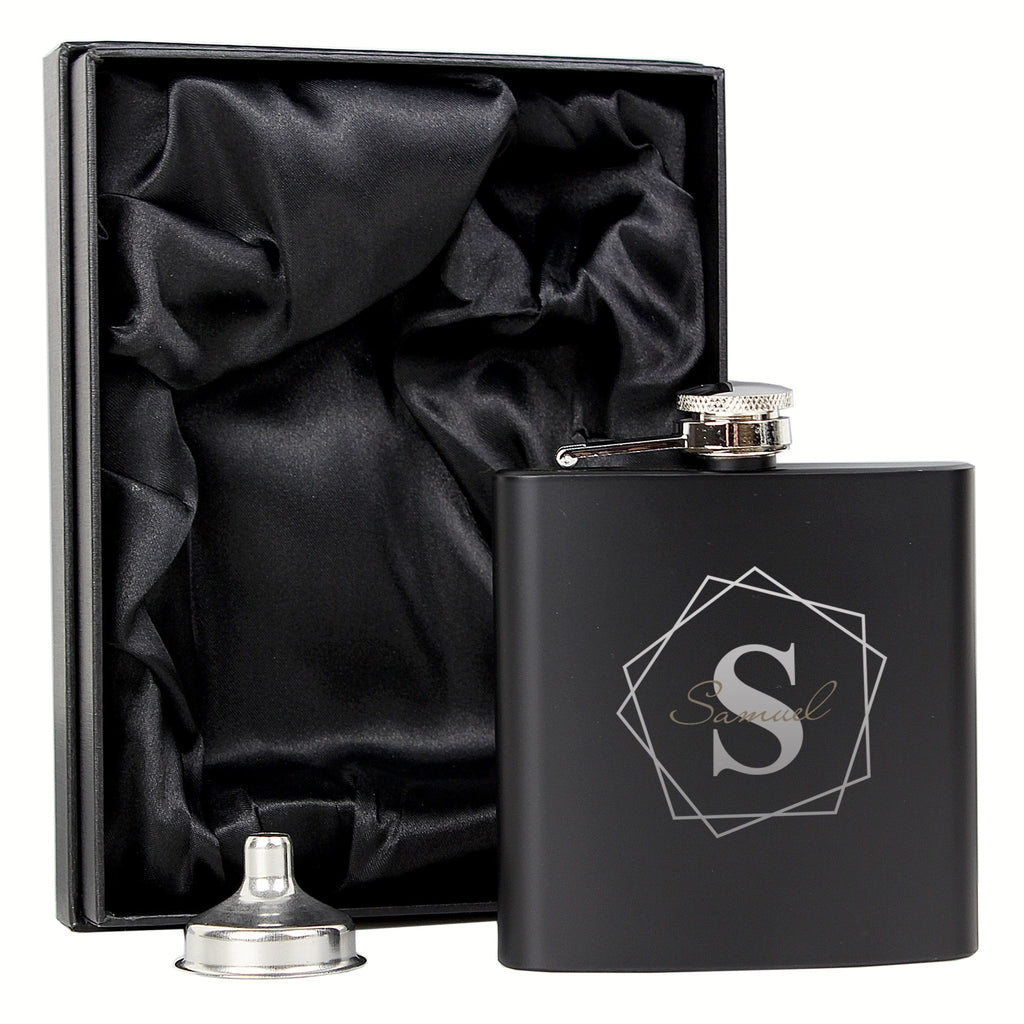 Personalised Geometric Initial Black Hip Flask | Inspired Creative Gifts | UK Supplier