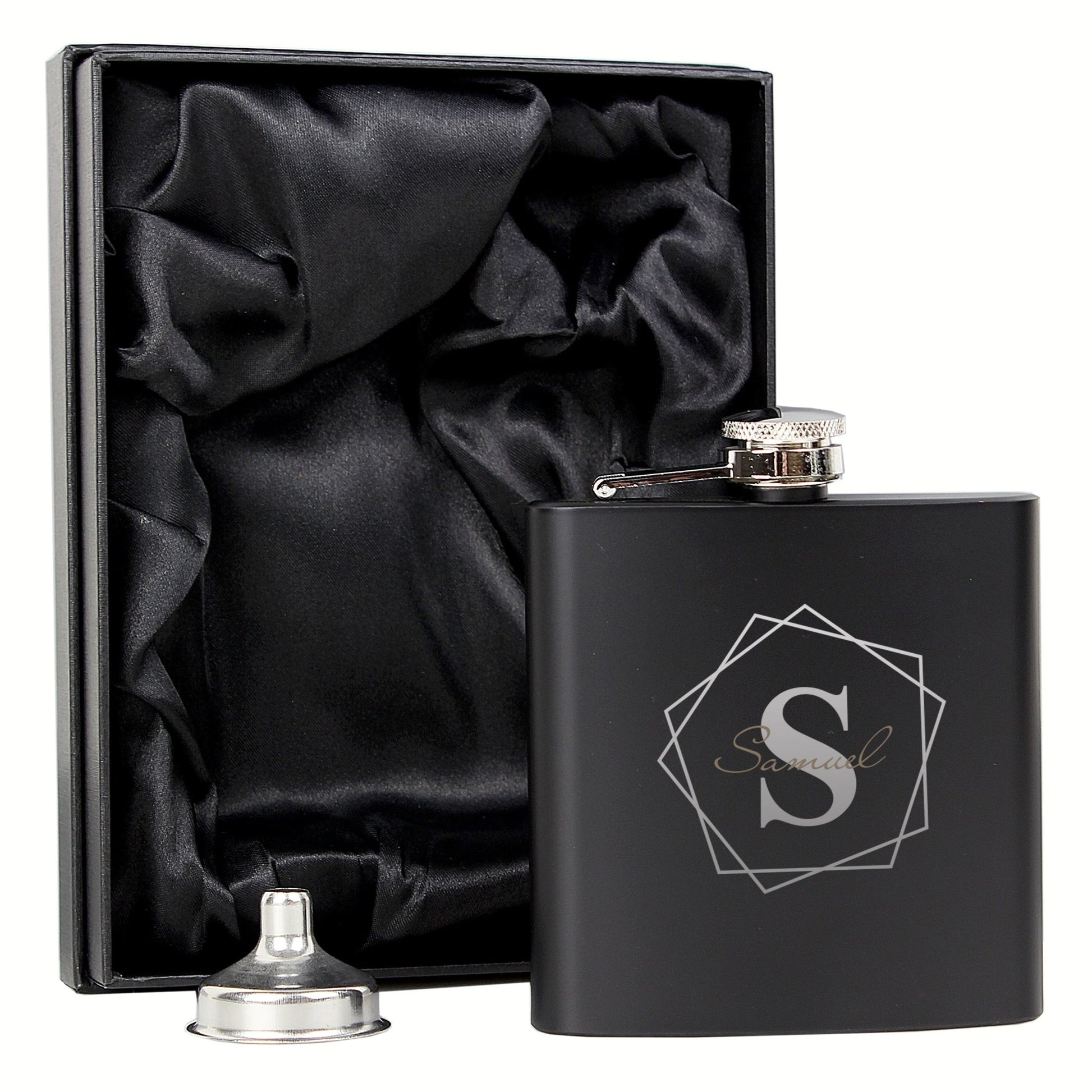 Personalised Geometric Initial Black Hip Flask | Inspired Creative Gifts | UK Supplier
