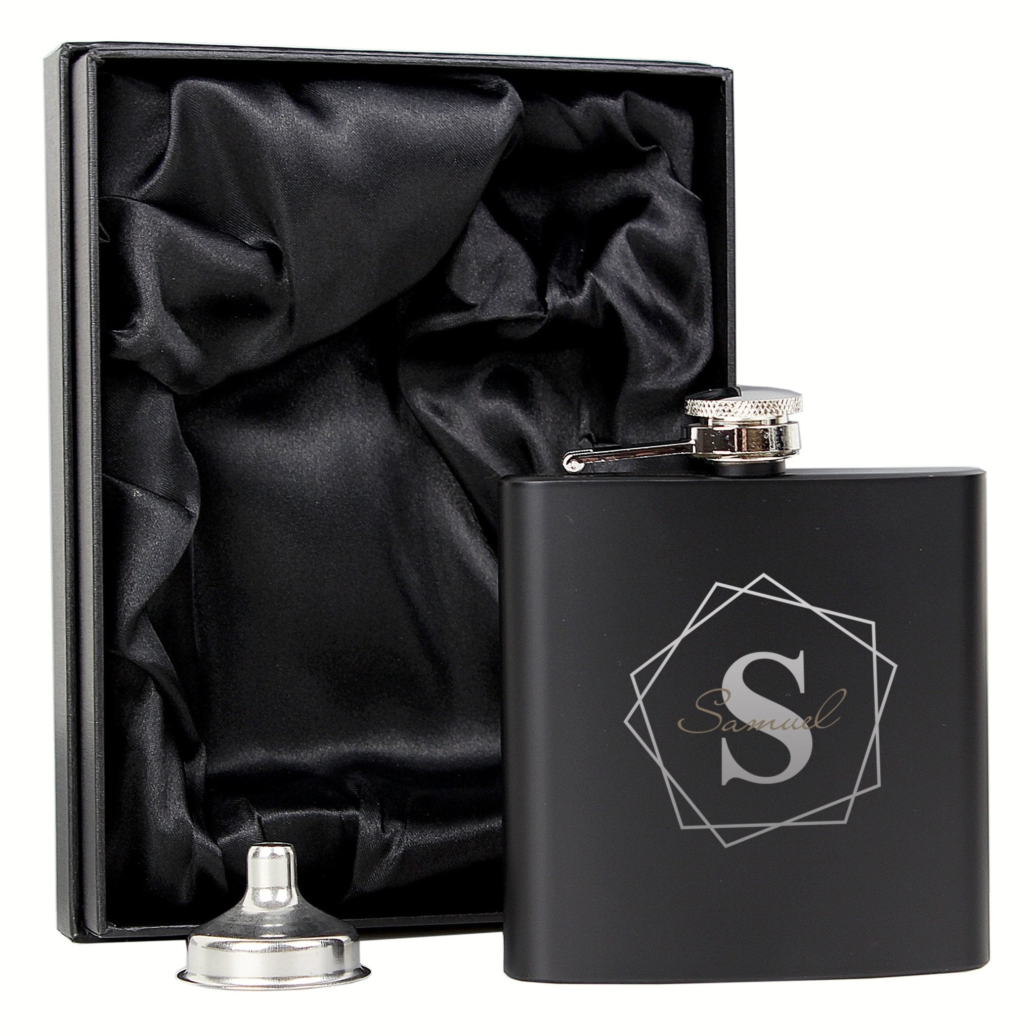 Personalised Geometric Initial Black Hip Flask | Inspired Creative Gifts | UK Supplier