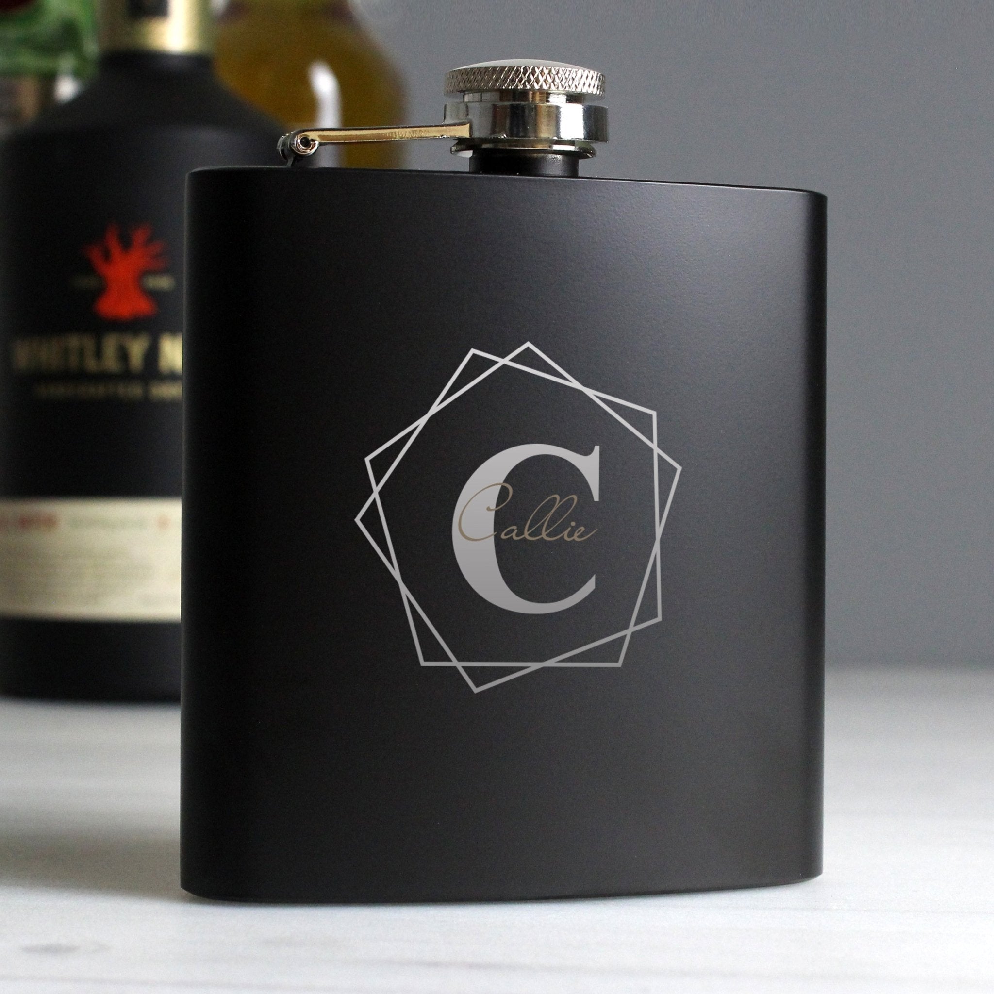 Personalised Geometric Initial Black Hip Flask | Inspired Creative Gifts | UK Supplier