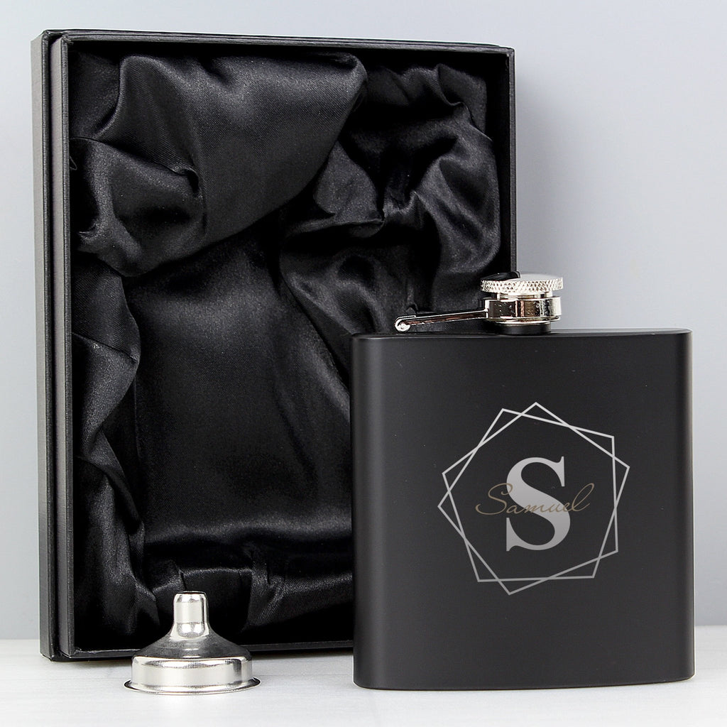 Personalised Geometric Initial Black Hip Flask | Inspired Creative Gifts | UK Supplier