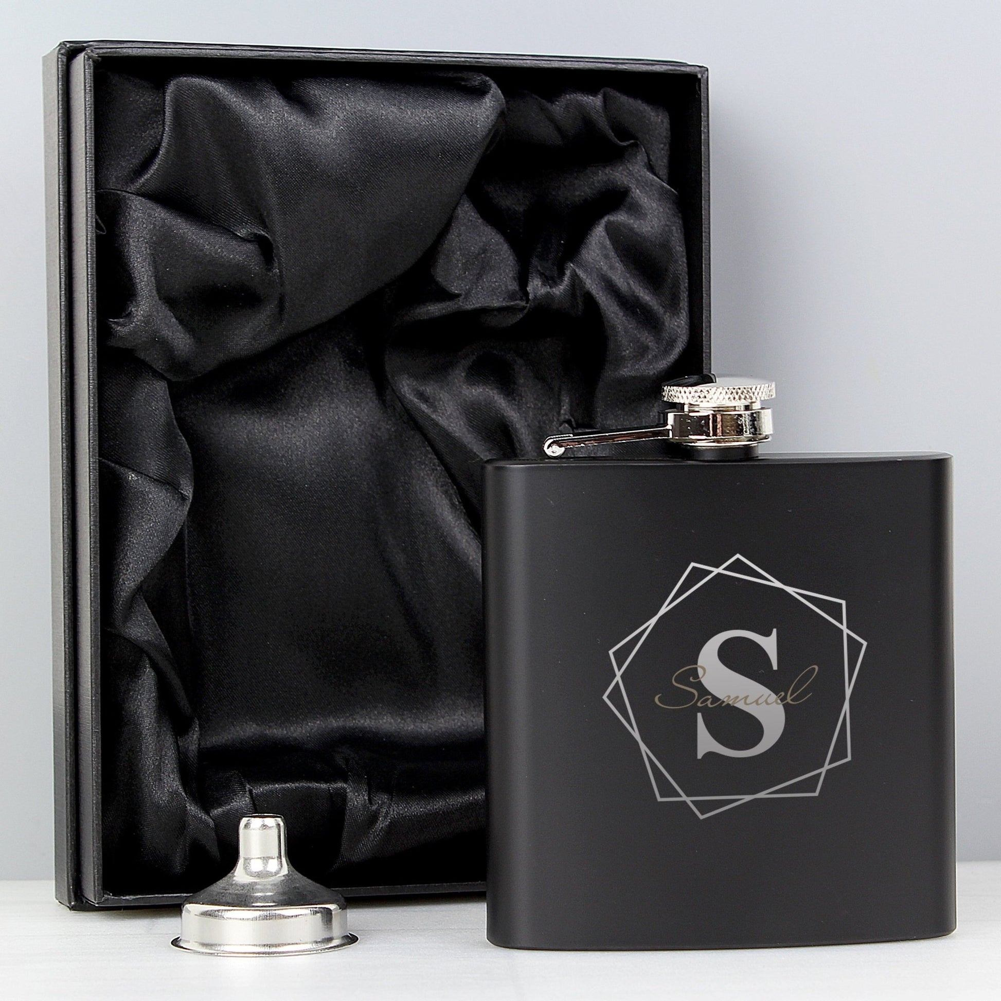 Personalised Geometric Initial Black Hip Flask | Inspired Creative Gifts | UK Supplier