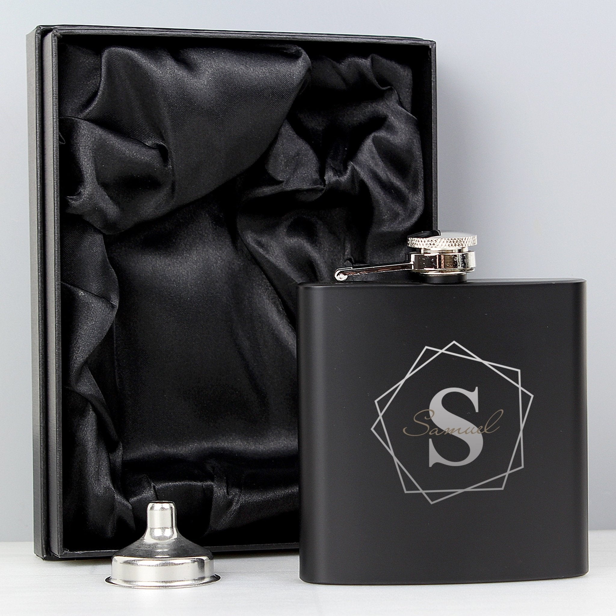 Personalised Geometric Initial Black Hip Flask | Inspired Creative Gifts | UK Supplier