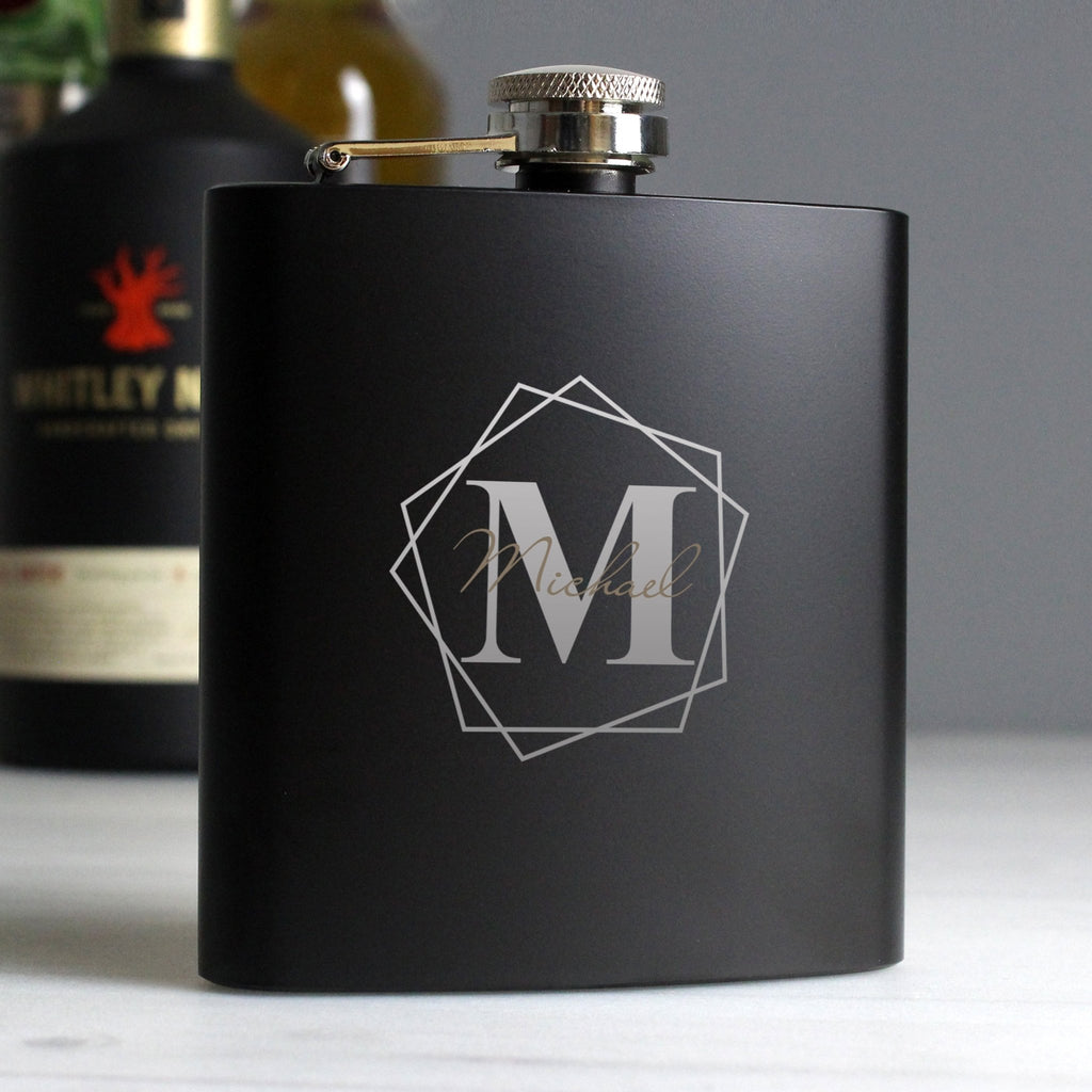 Personalised Geometric Initial Black Hip Flask | Inspired Creative Gifts | UK Supplier