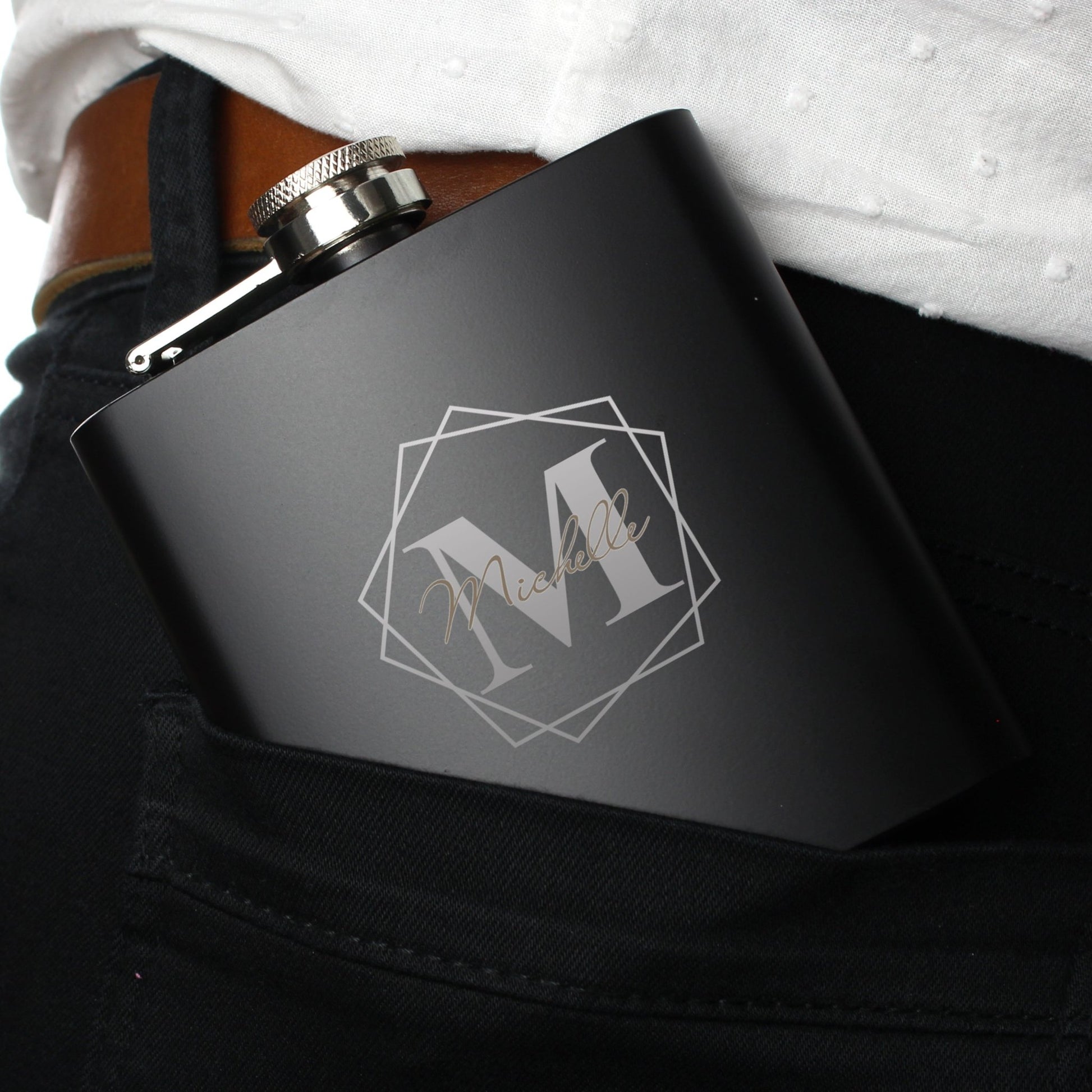 Personalised Geometric Initial Black Hip Flask | Inspired Creative Gifts | UK Supplier