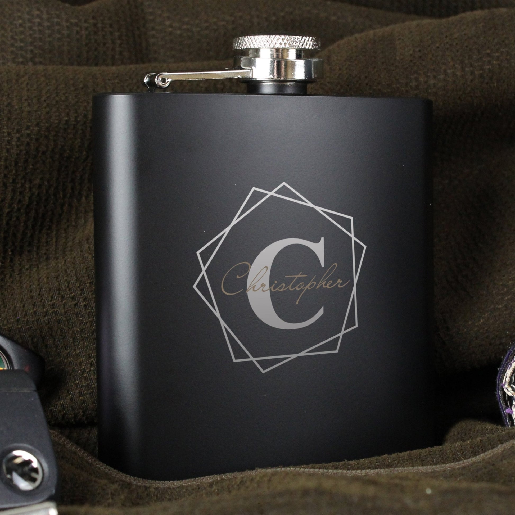 Personalised Geometric Initial Black Hip Flask | Inspired Creative Gifts | UK Supplier