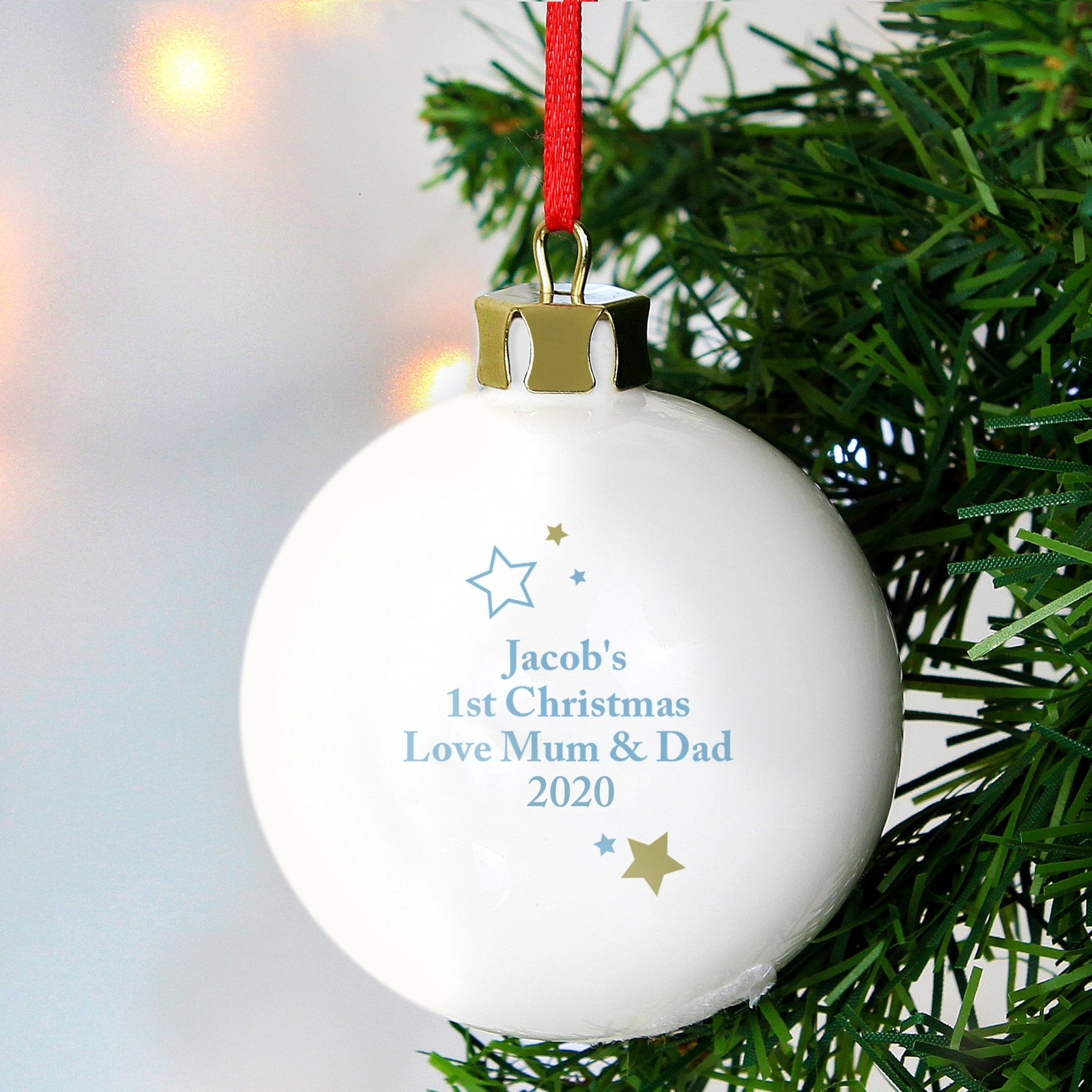 Personalised Gold & Blue Stars My 1st Christmas Bauble | Inspired Creative Gifts | UK Supplier