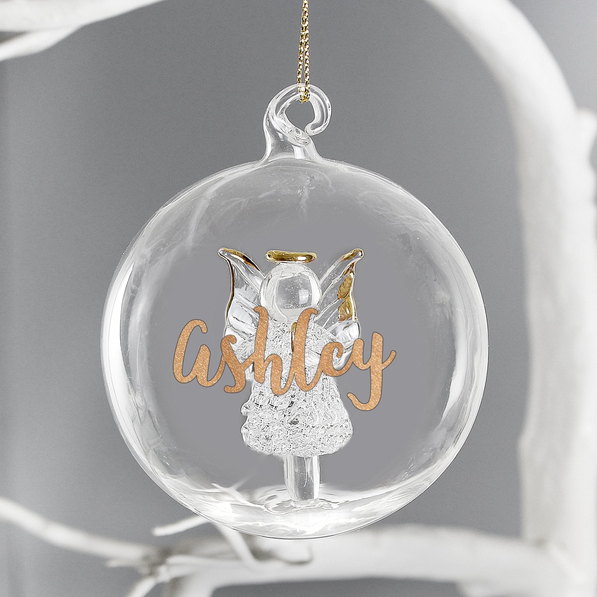 Personalised Gold Glitter Name Only Angel Glass Bauble | Inspired Creative Gifts | UK Supplier