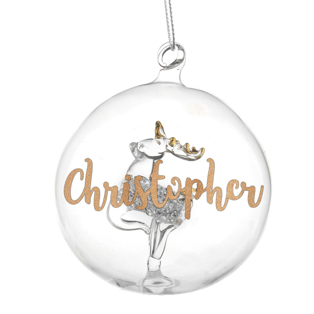 Personalised Gold Glitter Name Only Reindeer Glass Bauble | Inspired Creative Gifts | UK Supplier