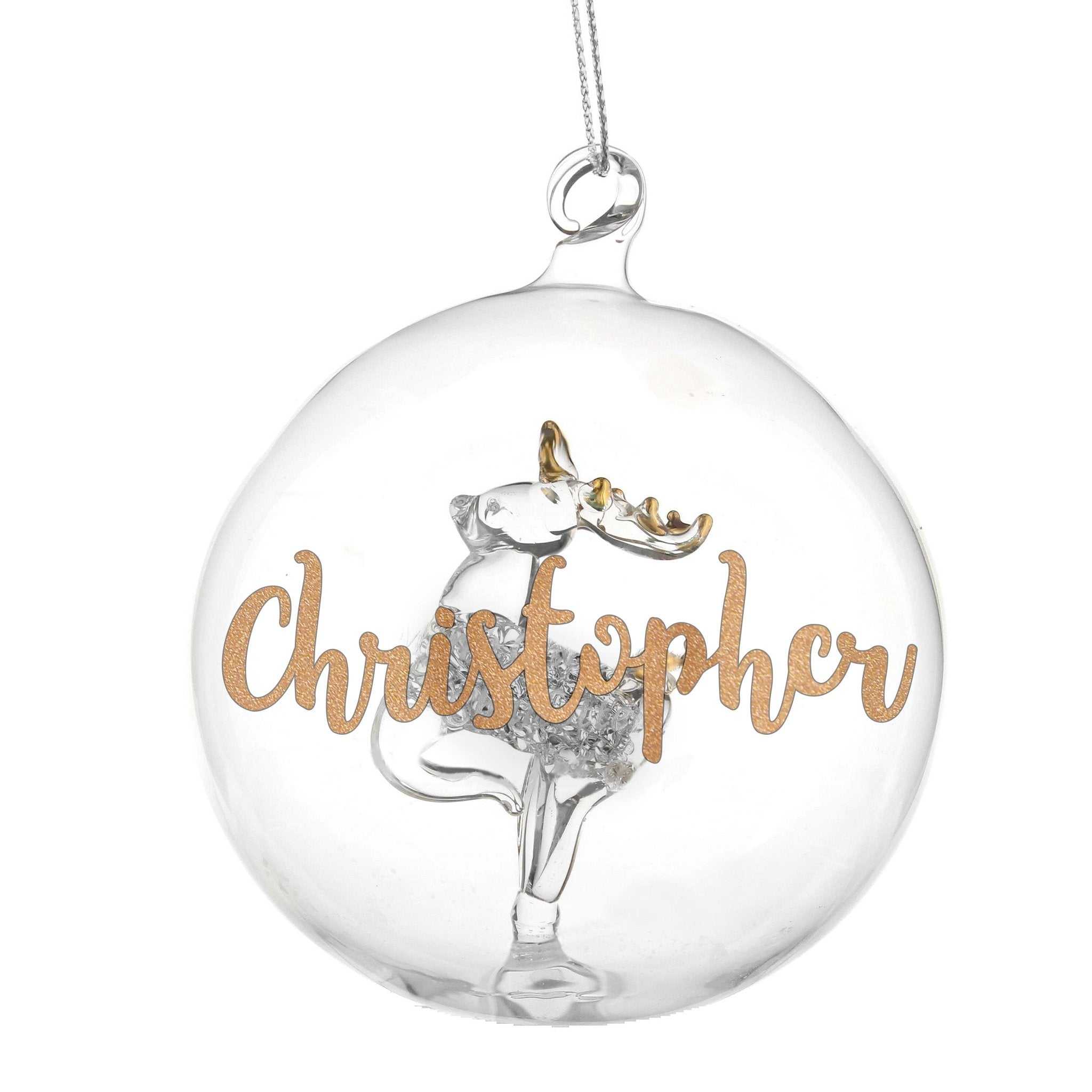 Personalised Gold Glitter Name Only Reindeer Glass Bauble | Inspired Creative Gifts | UK Supplier