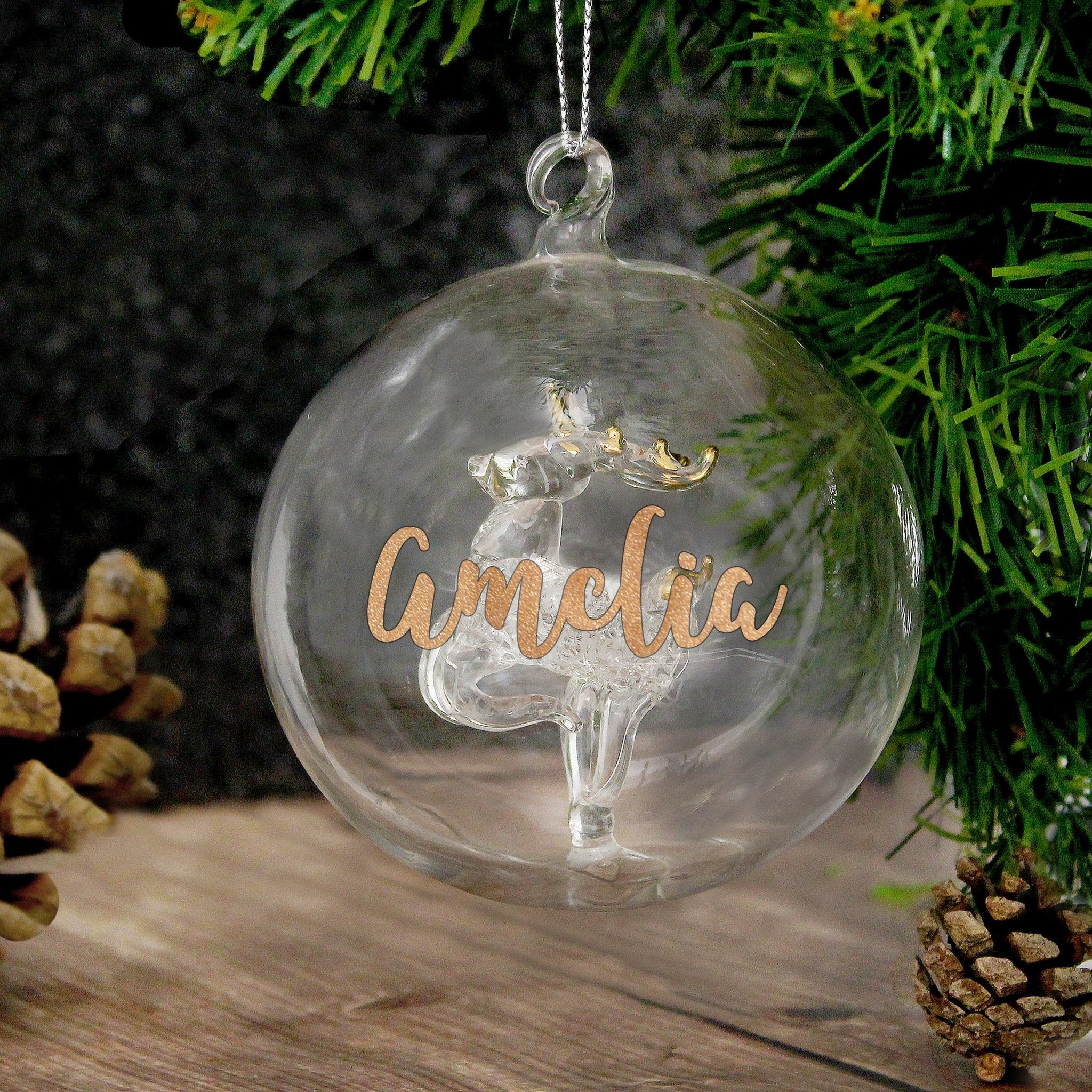 Personalised Gold Glitter Name Only Reindeer Glass Bauble | Inspired Creative Gifts | UK Supplier