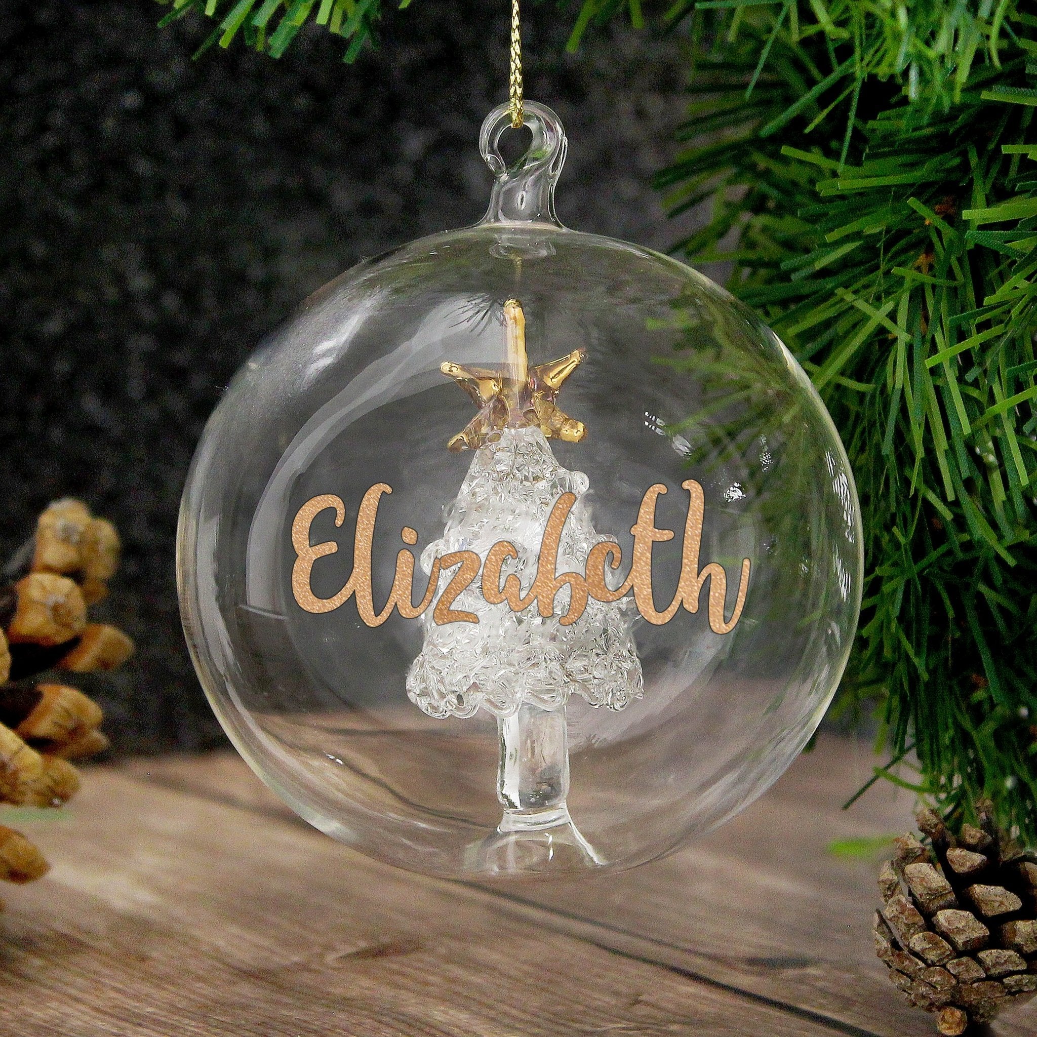 Personalised Gold Glitter Name Only Tree Glass Bauble | Inspired Creative Gifts | UK Supplier