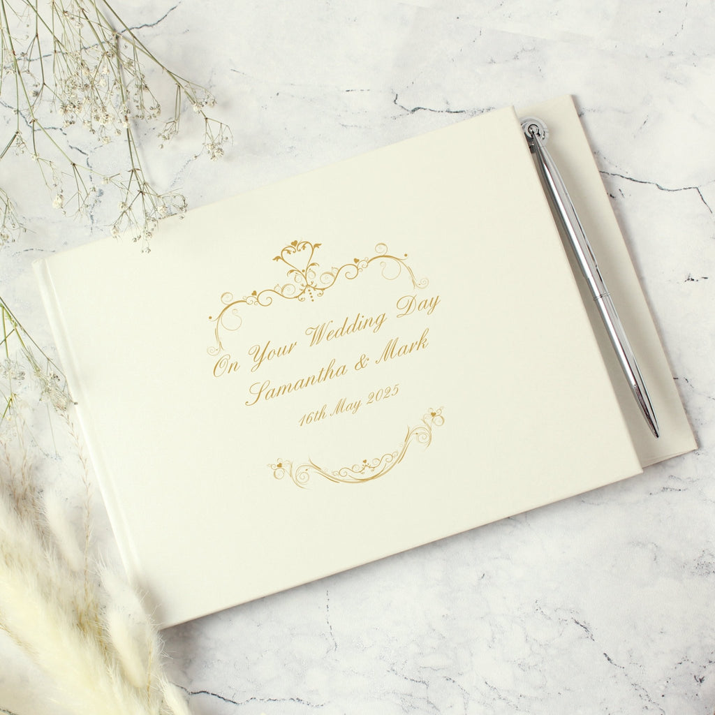 Personalised Gold Ornate Swirl Hardback Guest Book & Pen | Inspired Creative Gifts | UK Supplier