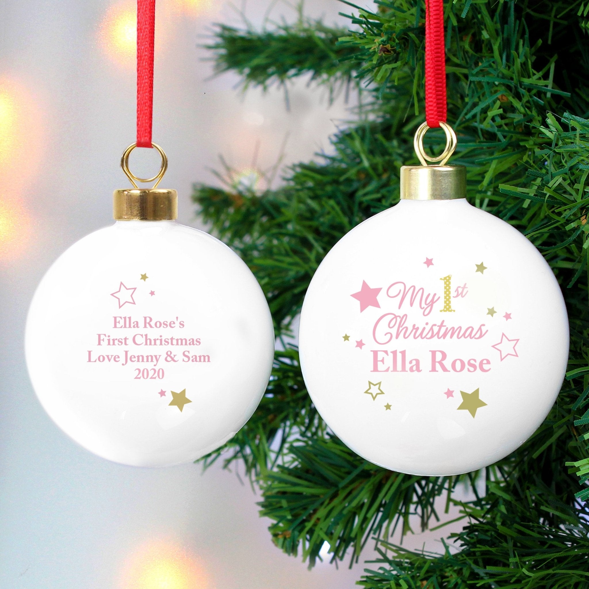 Personalised Gold & Pink Stars My 1st Christmas Bauble | Inspired Creative Gifts | UK Supplier