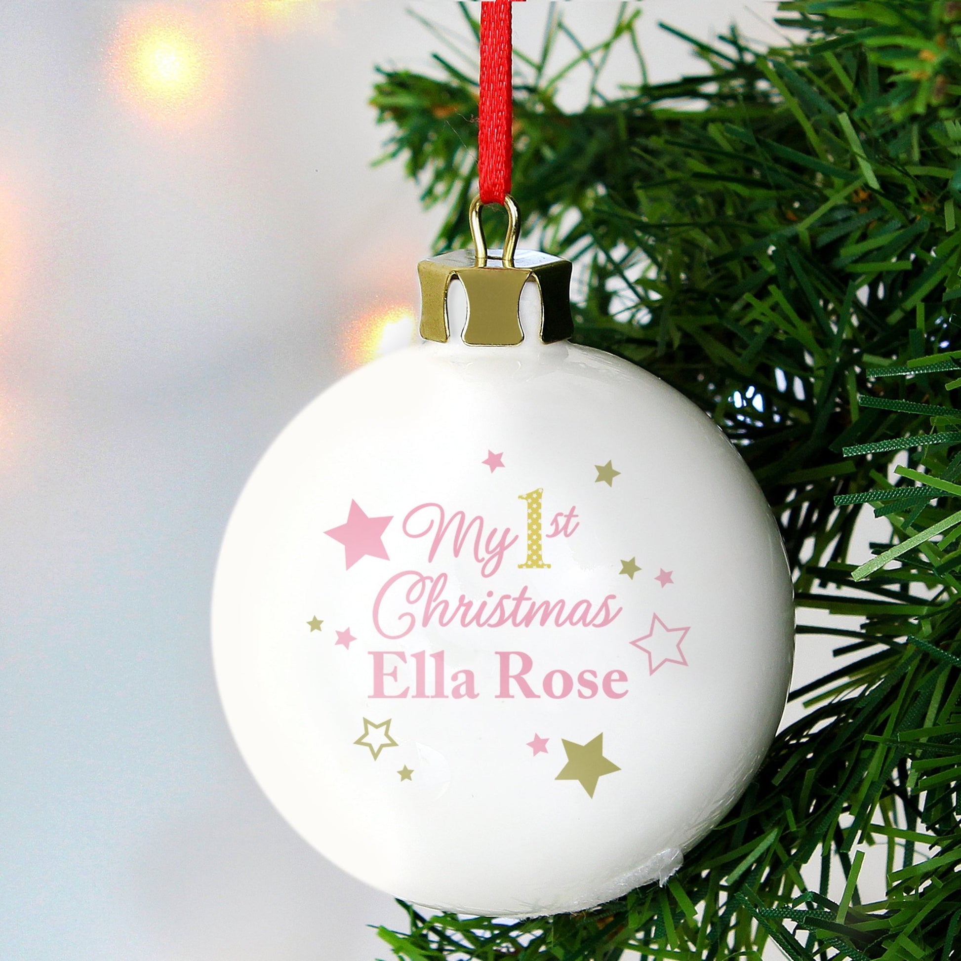 Personalised Gold & Pink Stars My 1st Christmas Bauble | Inspired Creative Gifts | UK Supplier