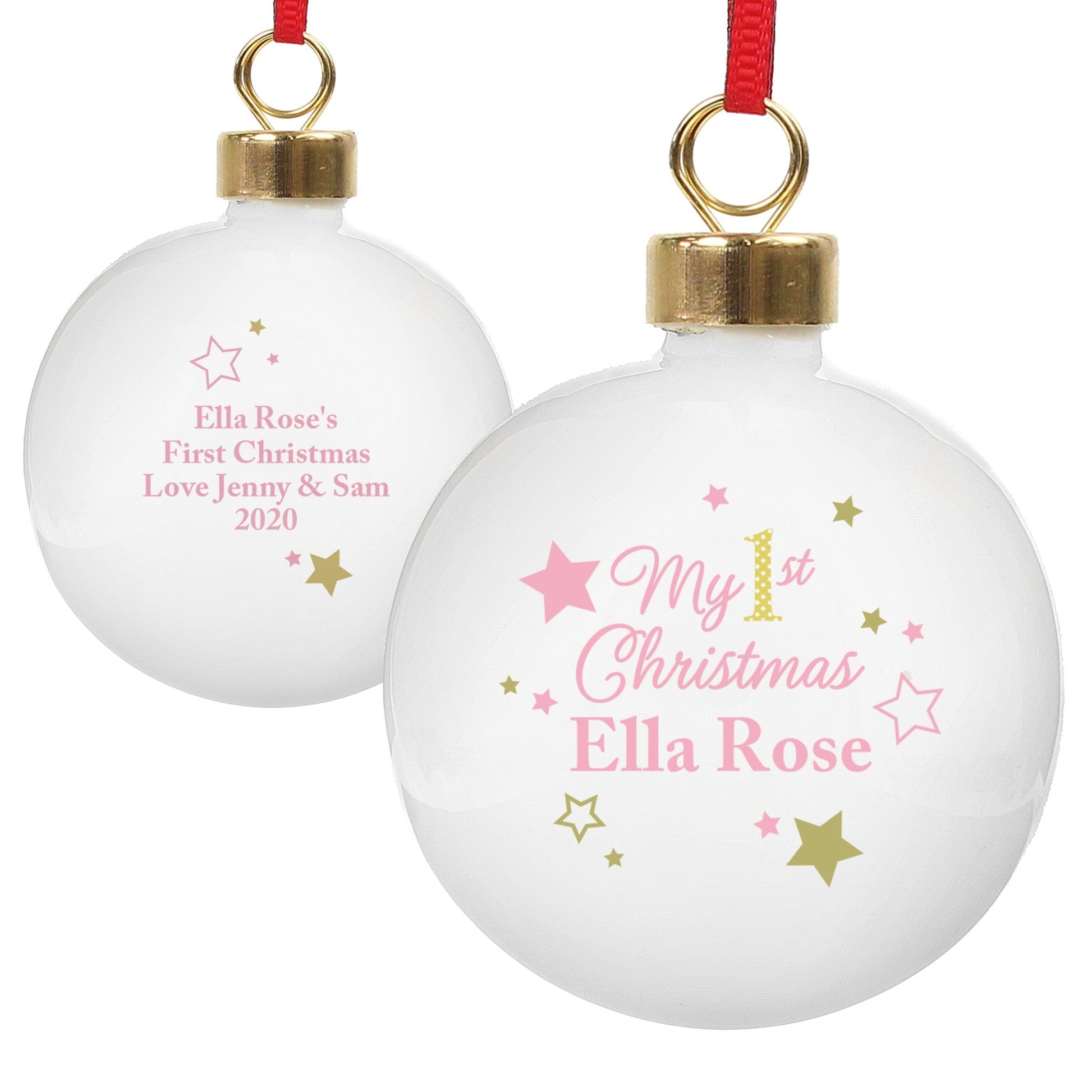 Personalised Gold & Pink Stars My 1st Christmas Bauble | Inspired Creative Gifts | UK Supplier