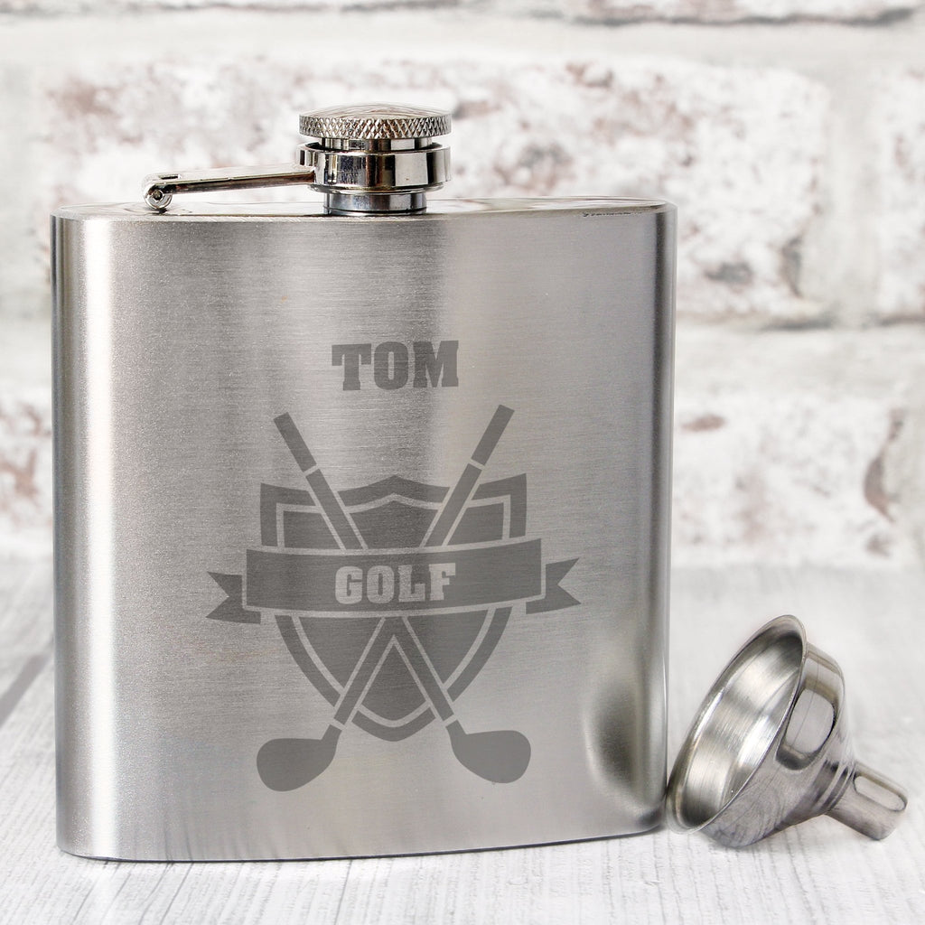 Personalised Golf Crest Hip Flask | Inspired Creative Gifts | UK Supplier