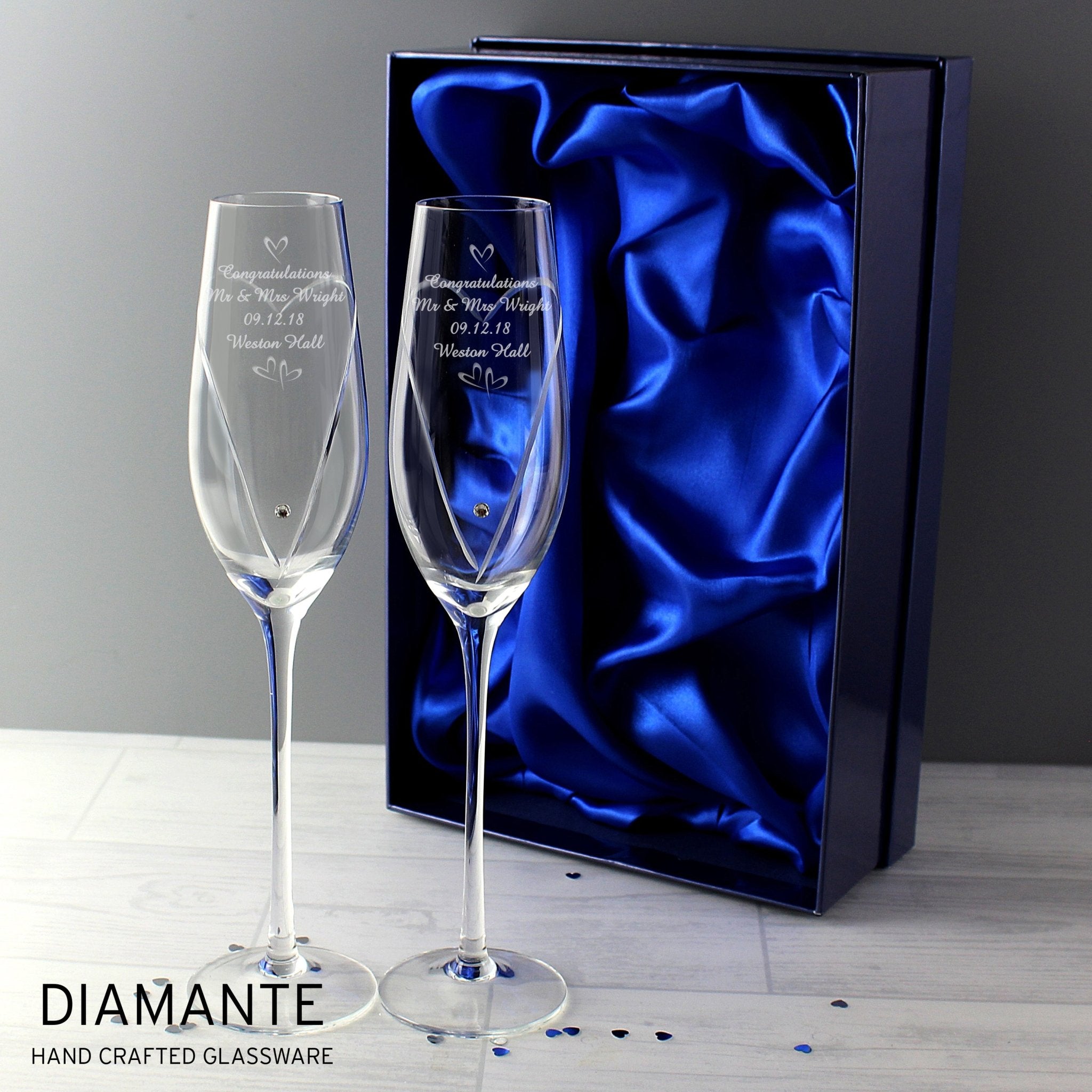 Personalised Hand Cut Little Hearts Pair of Flutes with Gift Box | Inspired Creative Gifts | UK Supplier