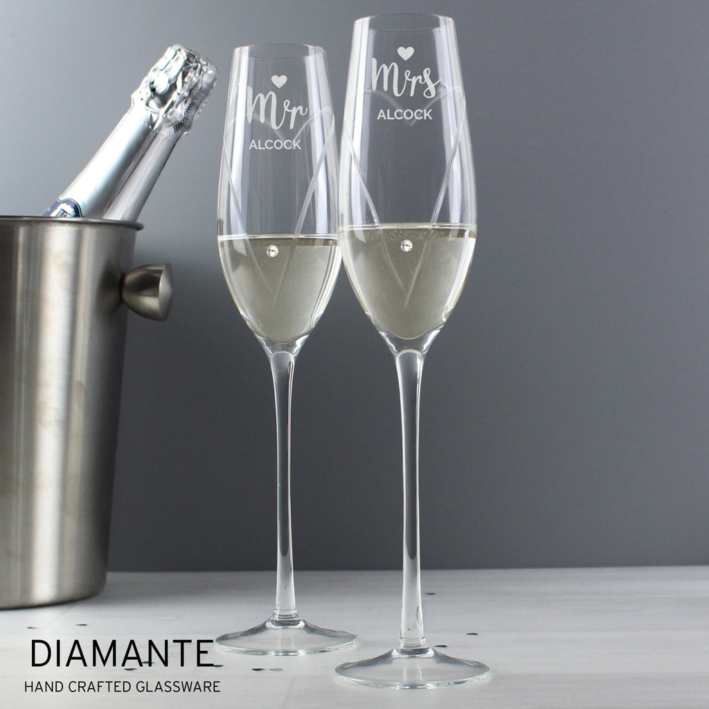Personalised Hand Cut Mr & Mrs Pair of Flutes in Gift Box | Inspired Creative Gifts | UK Supplier