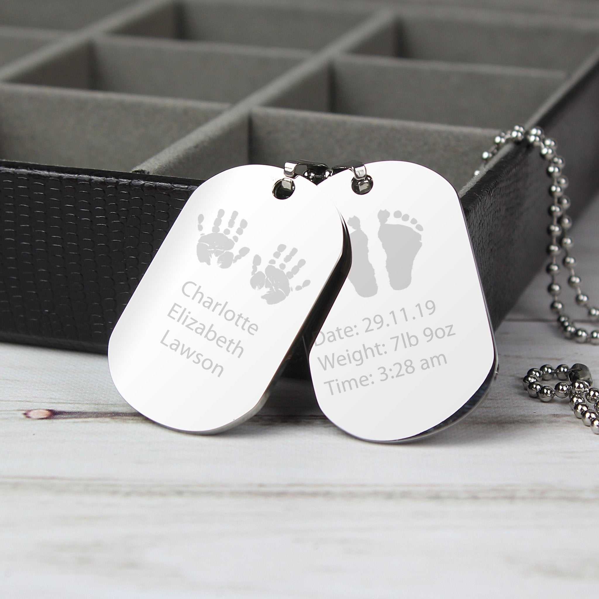 Personalised Hands and Feet New Baby Stainless Steel Double Dog Tag Necklace | Inspired Creative Gifts | UK Supplier