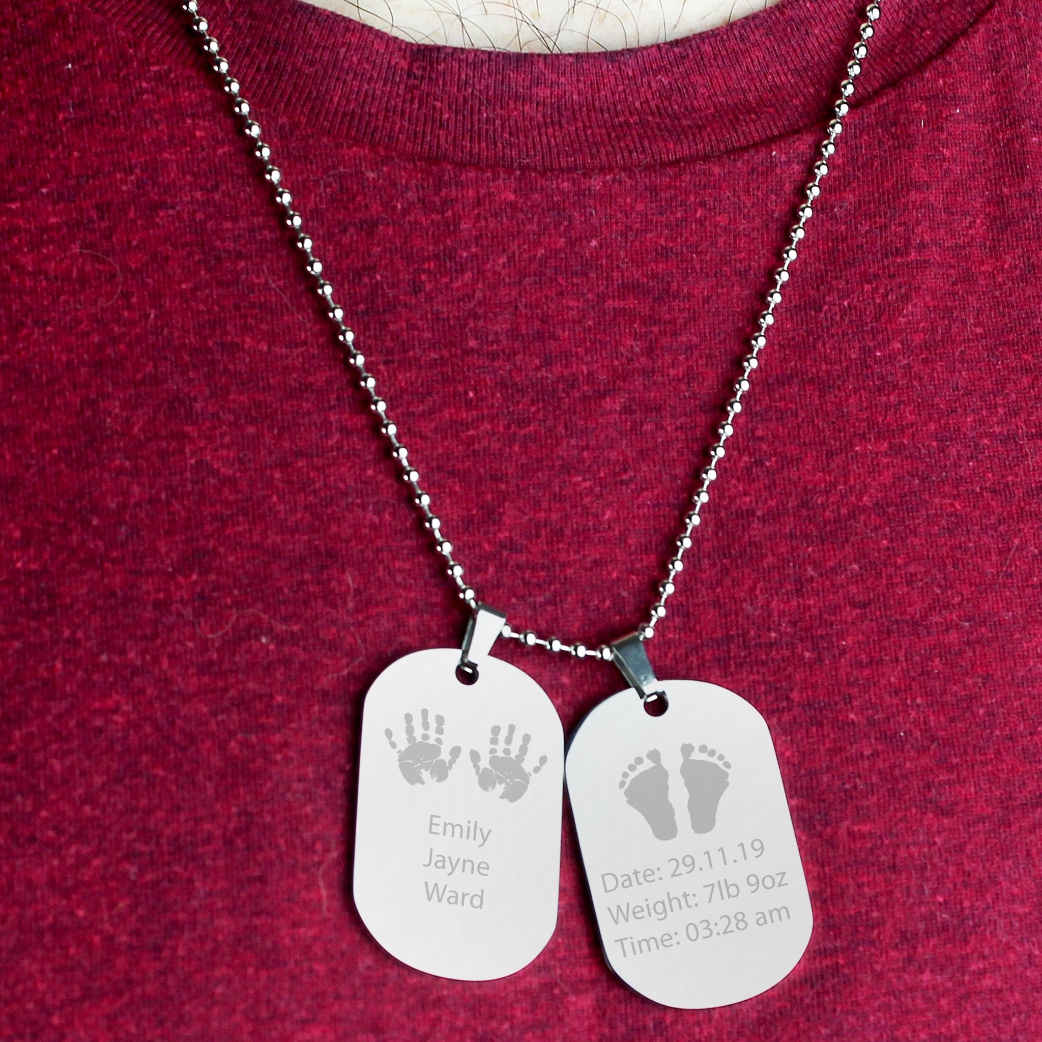 Personalised Hands and Feet New Baby Stainless Steel Double Dog Tag Necklace | Inspired Creative Gifts | UK Supplier