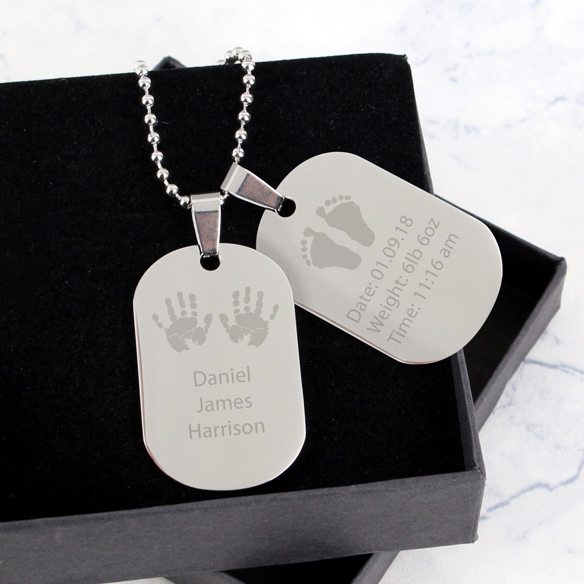 Personalised Hands and Feet New Baby Stainless Steel Double Dog Tag Necklace | Inspired Creative Gifts | UK Supplier