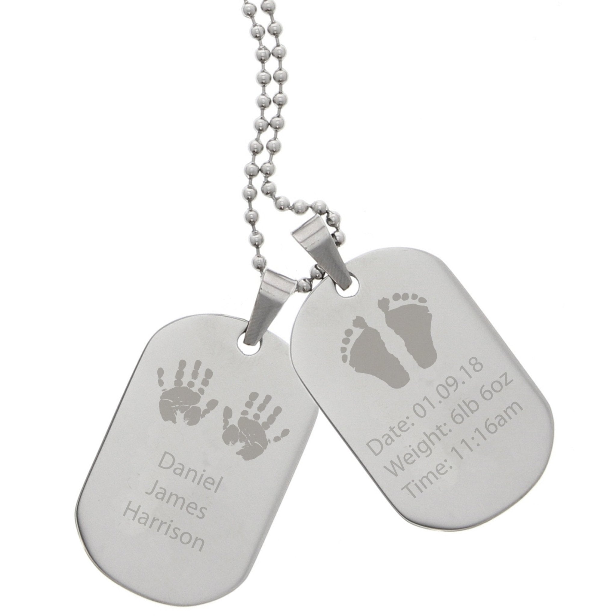 Personalised Hands and Feet New Baby Stainless Steel Double Dog Tag Necklace | Inspired Creative Gifts | UK Supplier