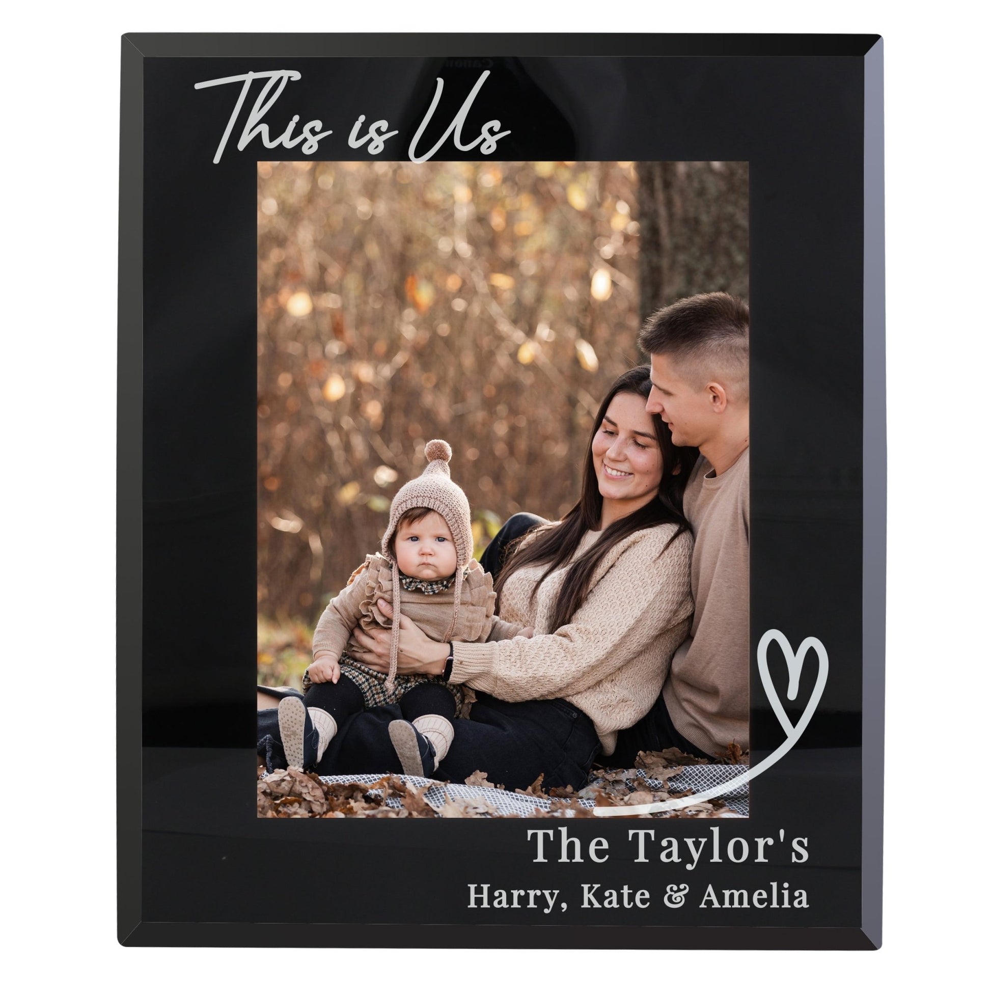 Personalised Heart Black Glass 7x5 Photo Frame | Inspired Creative Gifts | UK Supplier