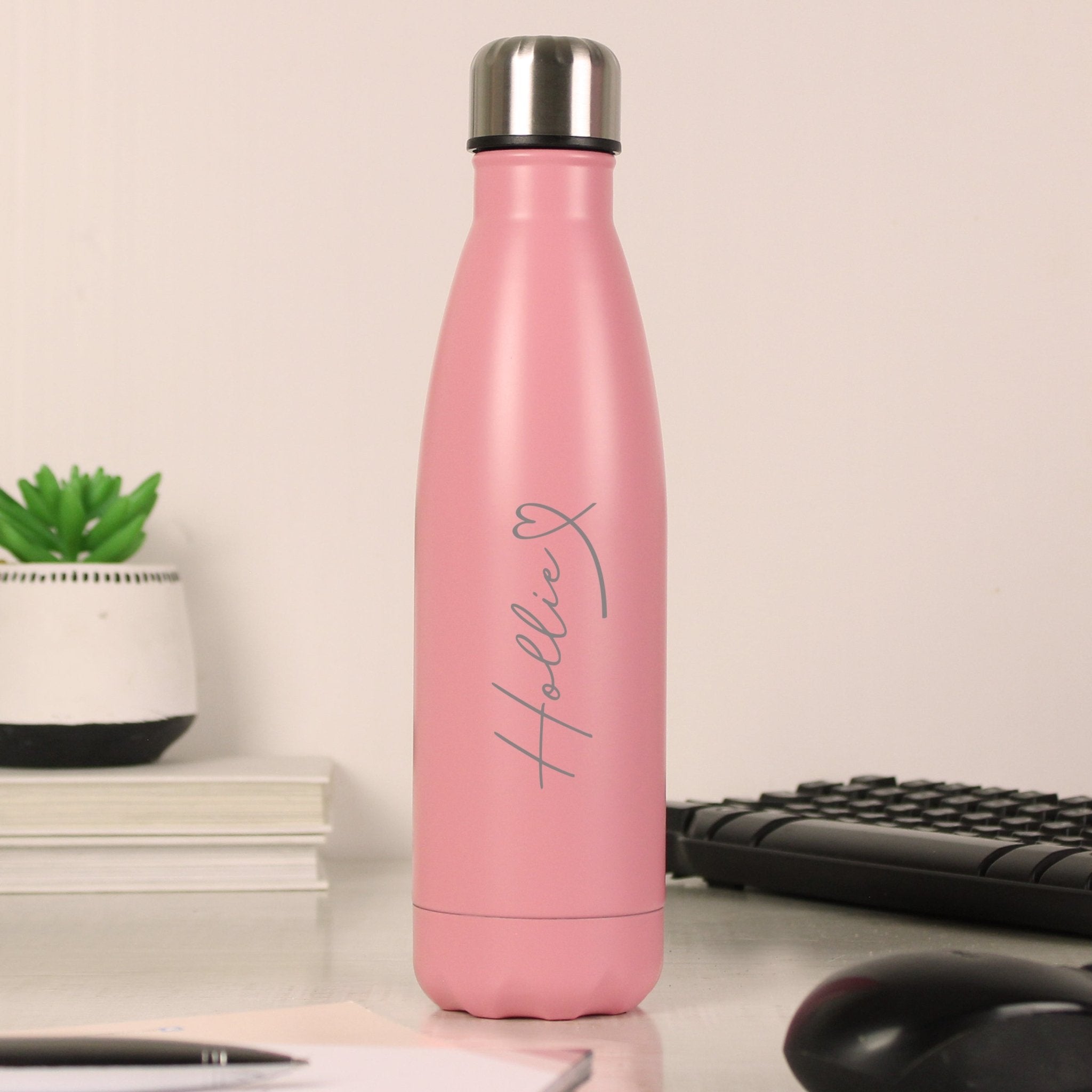 Personalised Heart Pink Metal Insulated Drinks Bottle | Inspired Creative Gifts | UK Supplier