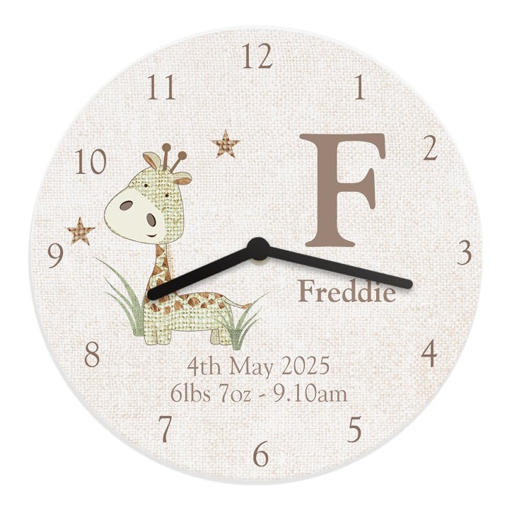 Personalised Hessian Giraffe Shabby Chic Large Wooden Clock | Inspired Creative Gifts | UK Supplier